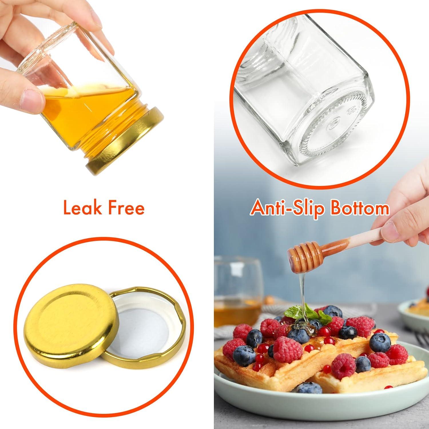 Aurotrends 3Oz Mini Honey Jars with Dipper 30Pack, Glass for Baby Shower Favors/ Wedding Favors Guests Bulk-Mini Wooden Dippers/ Bee Charms/ Thankyou Stickers/ Jute Twine (3Oz-30Pack) ,Gold image number 2