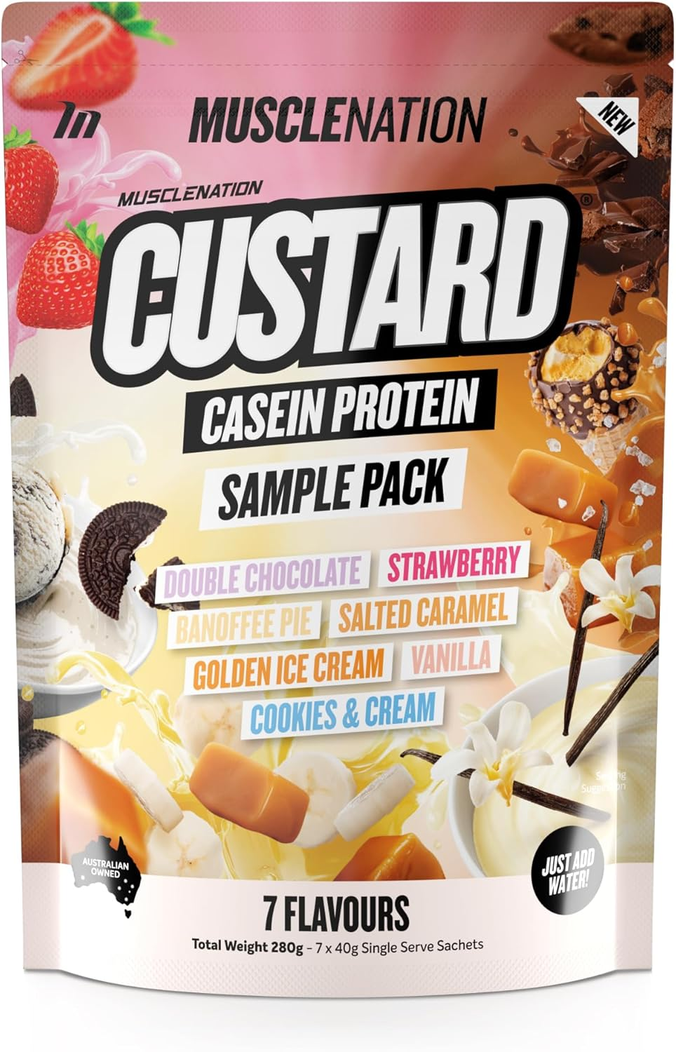 Muscle Nation Variety Pack - 7 X 40G Multiple Flavours Custard Casein Single Serve Sachets (Perfect for Breakfast, Shakes, Smoothies or Ninja Creami Recipes)