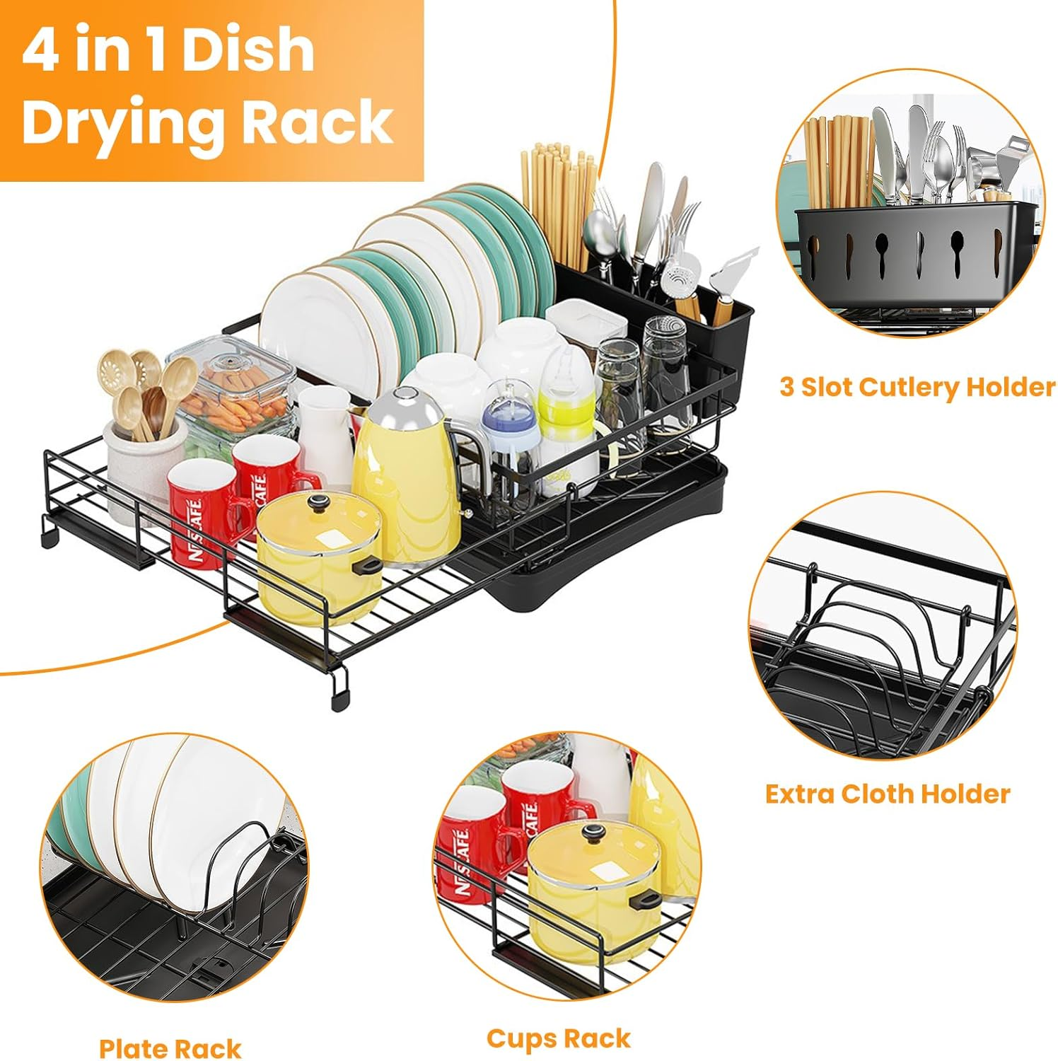 Dish Drying Rack, Expandable Dish Racks for Kitchen Counter and Sink, Drying Rack Dish Drainer with Cutlery Holder for Kitchen Storage & Organisation image number 2