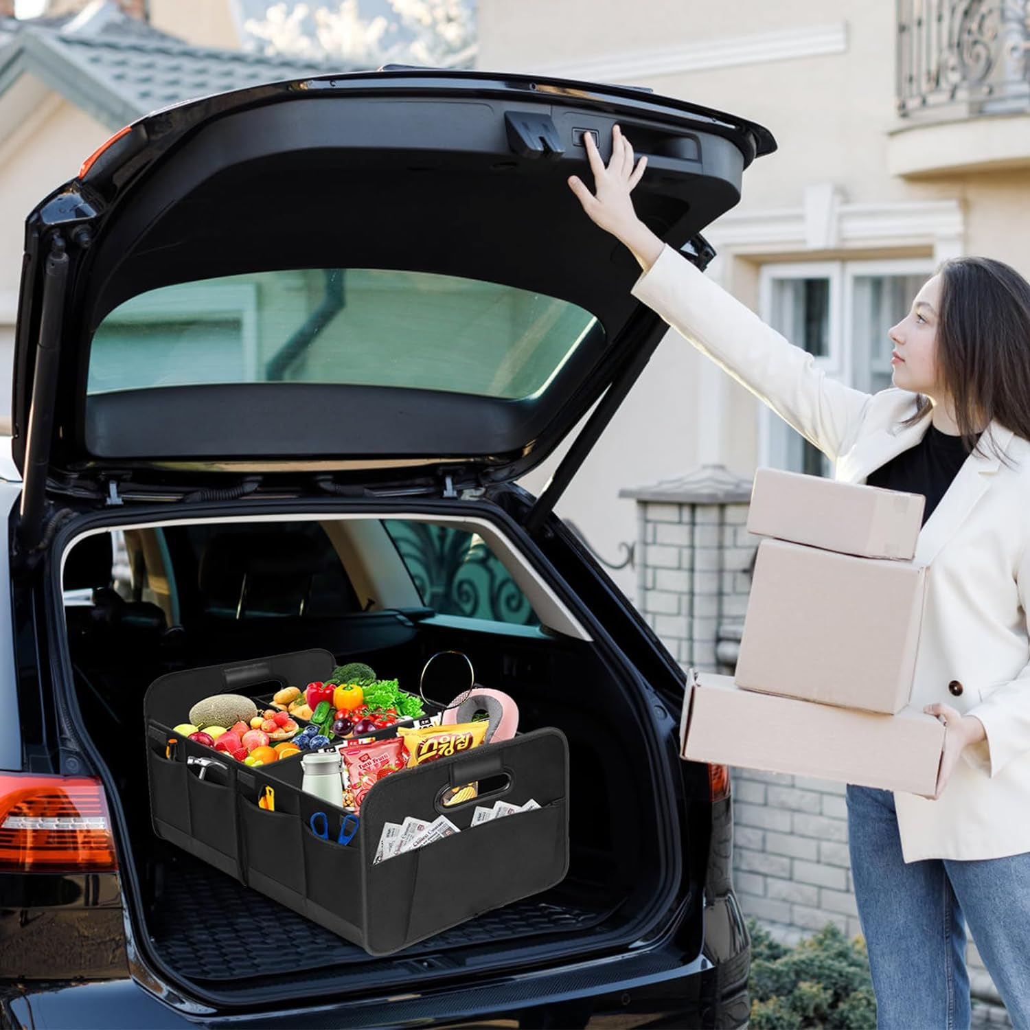 Car Trunk Organizer, Vehicle Boot Storage Bag, Super Capacity Seatback Collapsible Adjustable Compartment Reinforced Handles Trunk Tidy Cargo Organiser 600D for Sedan SUV RV ORV image number 6