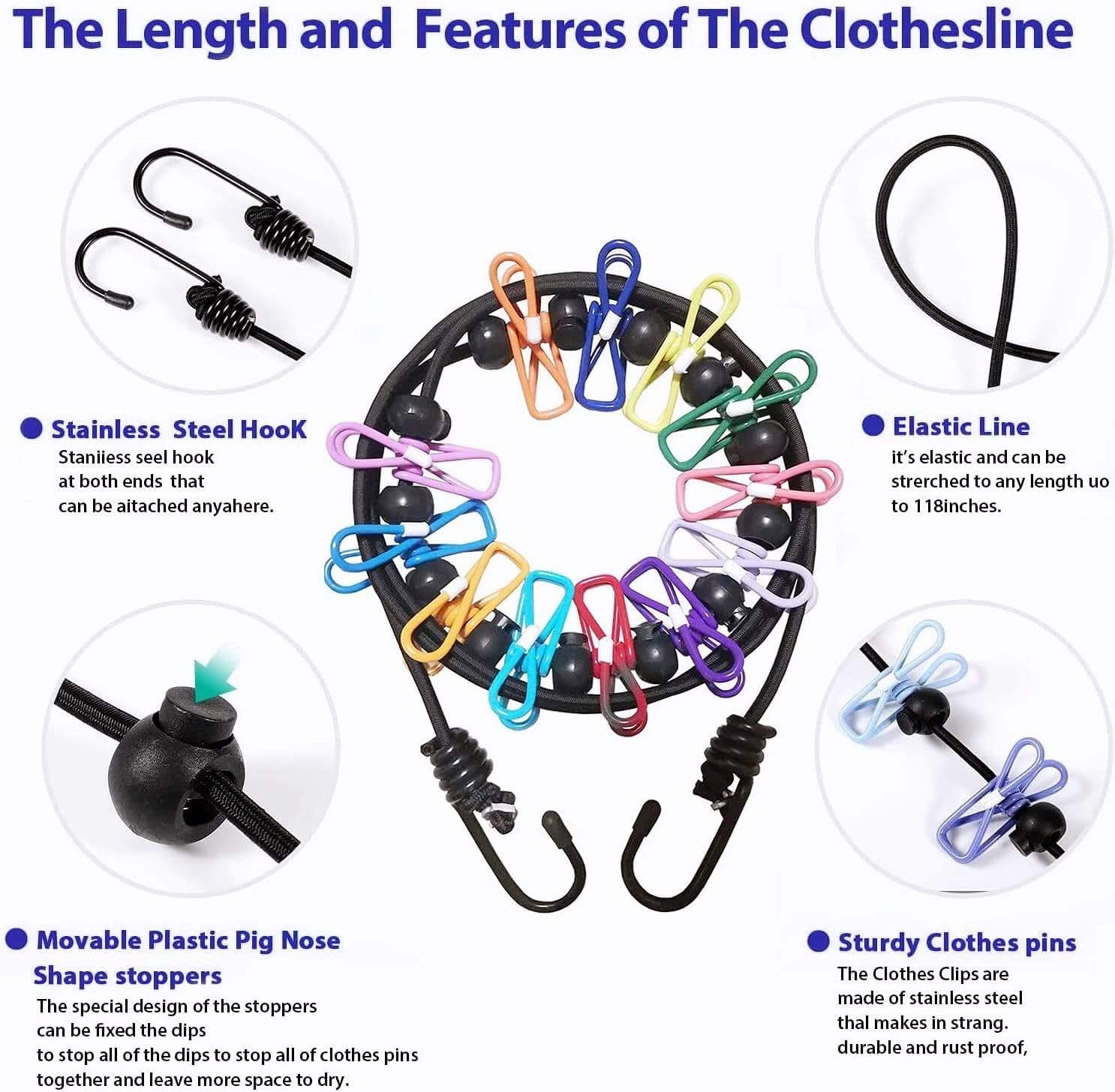 2 Pack Portable Travel Clothesline, Retractable Adjustable Clothesline with 12 Clothespins, Camping Outdoor RV Accessories for Hotel, Apartment, Indoor, Outdoor image number 2