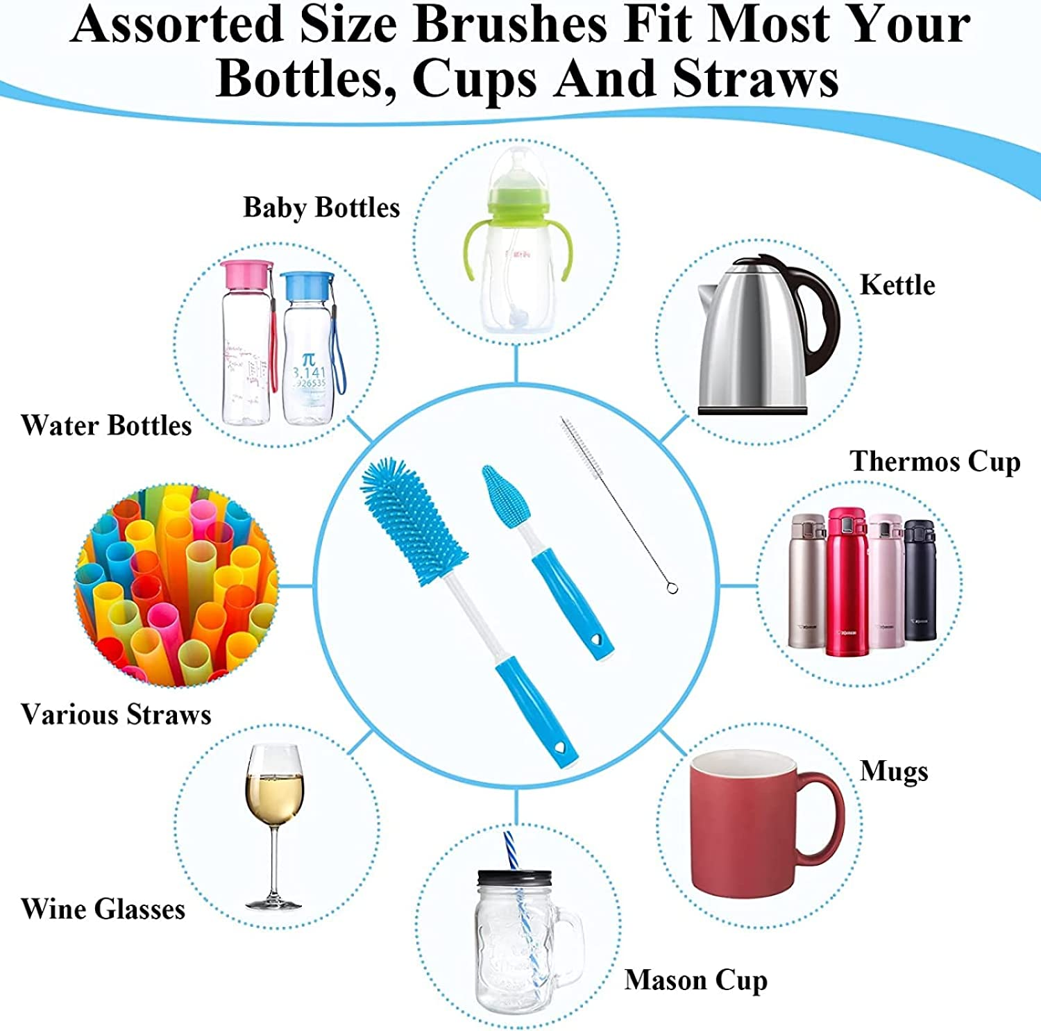 Silicone Bottle Brush Cleaner Set - 3 Pack Long Handle Brushes for Hydro Flask, Glassware, Baby Bottles, Vases, Wine Decanters, Pipes, Narrow Neck Containers - Blue image number 5