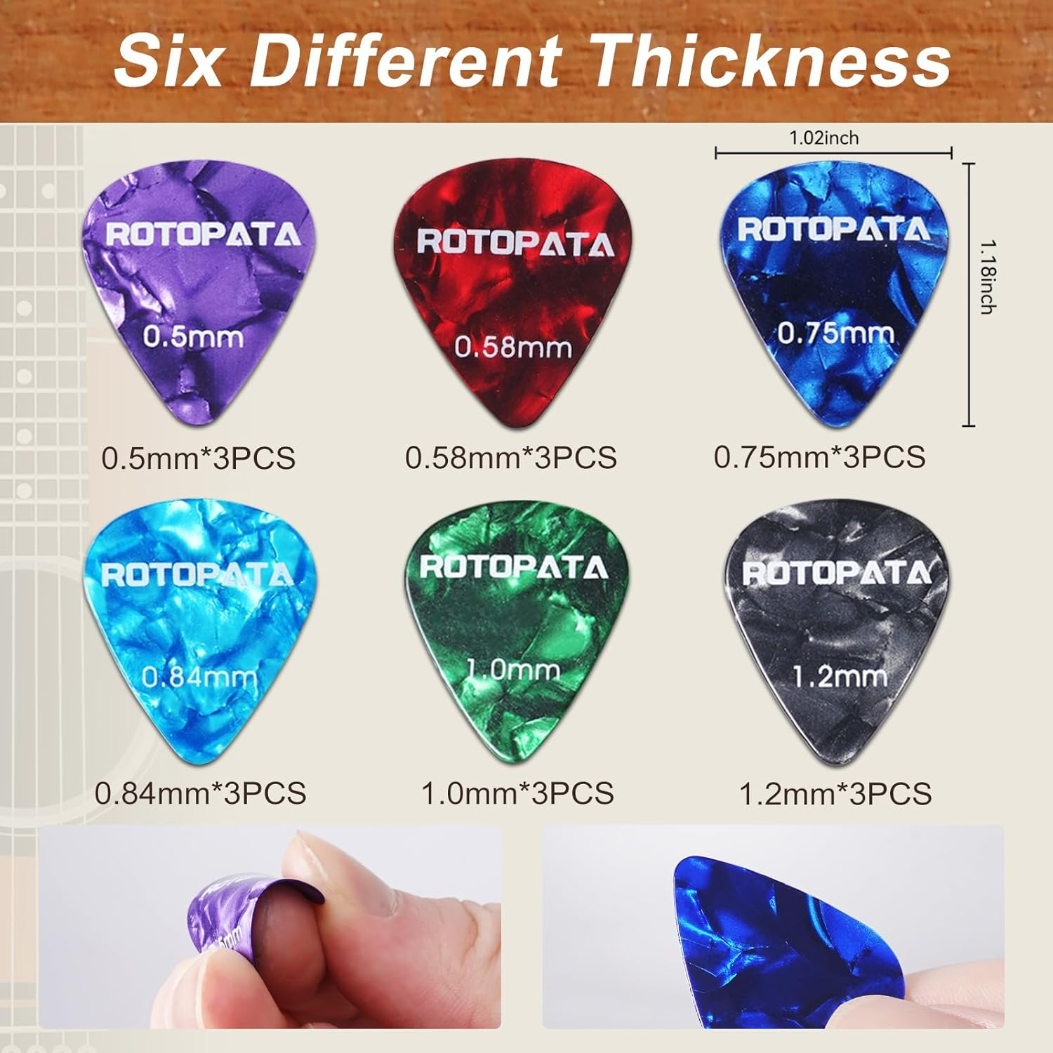 18 Pack Celluloid Guitar Picks with Organizer Storage Box & Holder Case,0.5 0.57 0.75 0.84 1.0 1.2 Mm Six Timbres and Touch Thicknesses & Variety Colorful Plectrums for Bass Electric Acoustic Ukulele image number 4