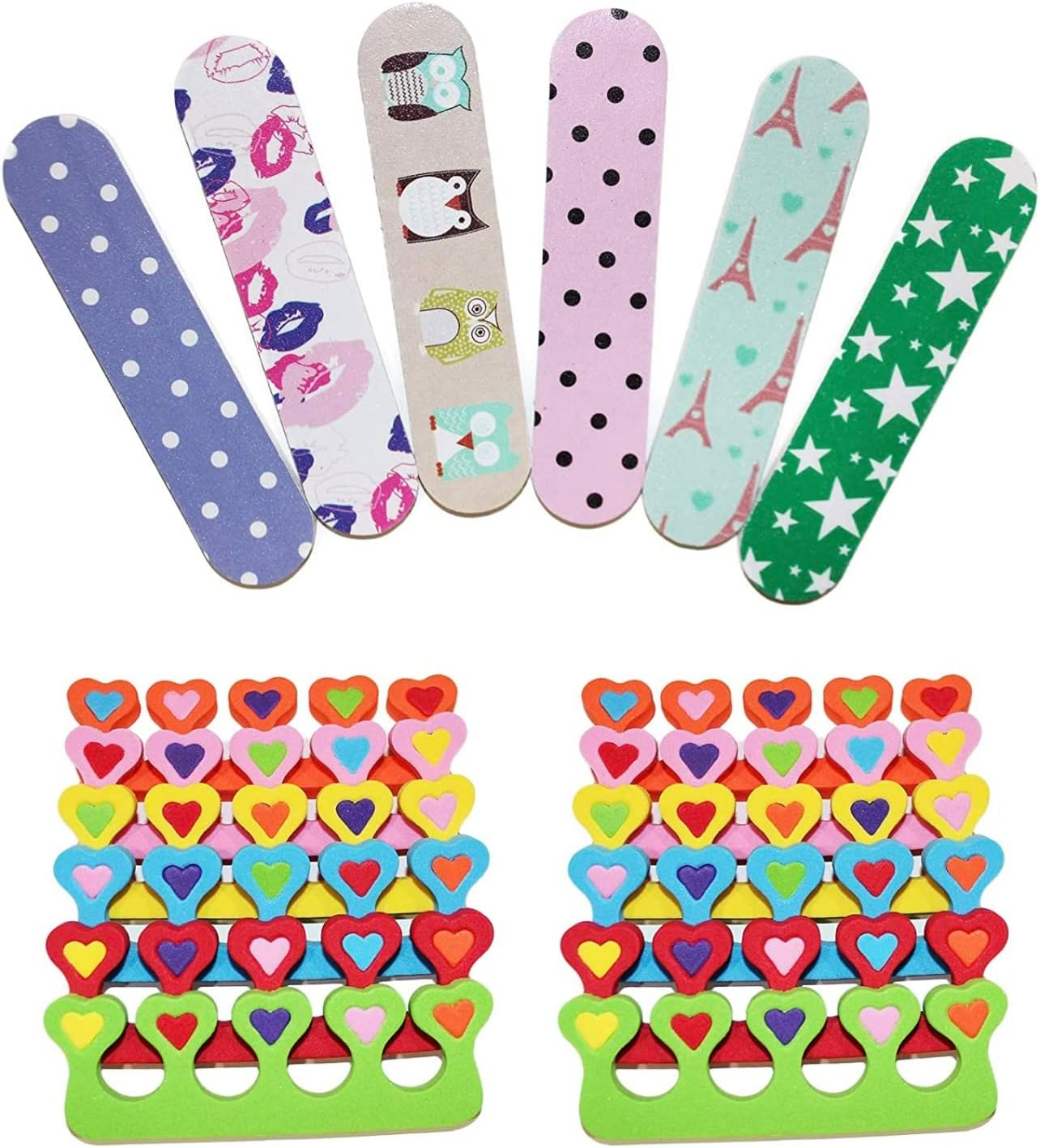 ZMOI 6 Pieces Colorful Girly Mini Emery Nail Files + 6 Pairs Heart Design Toe Separators Manicure/Pedicure Kit Kid Spa Party (Pack of 1) image number 3