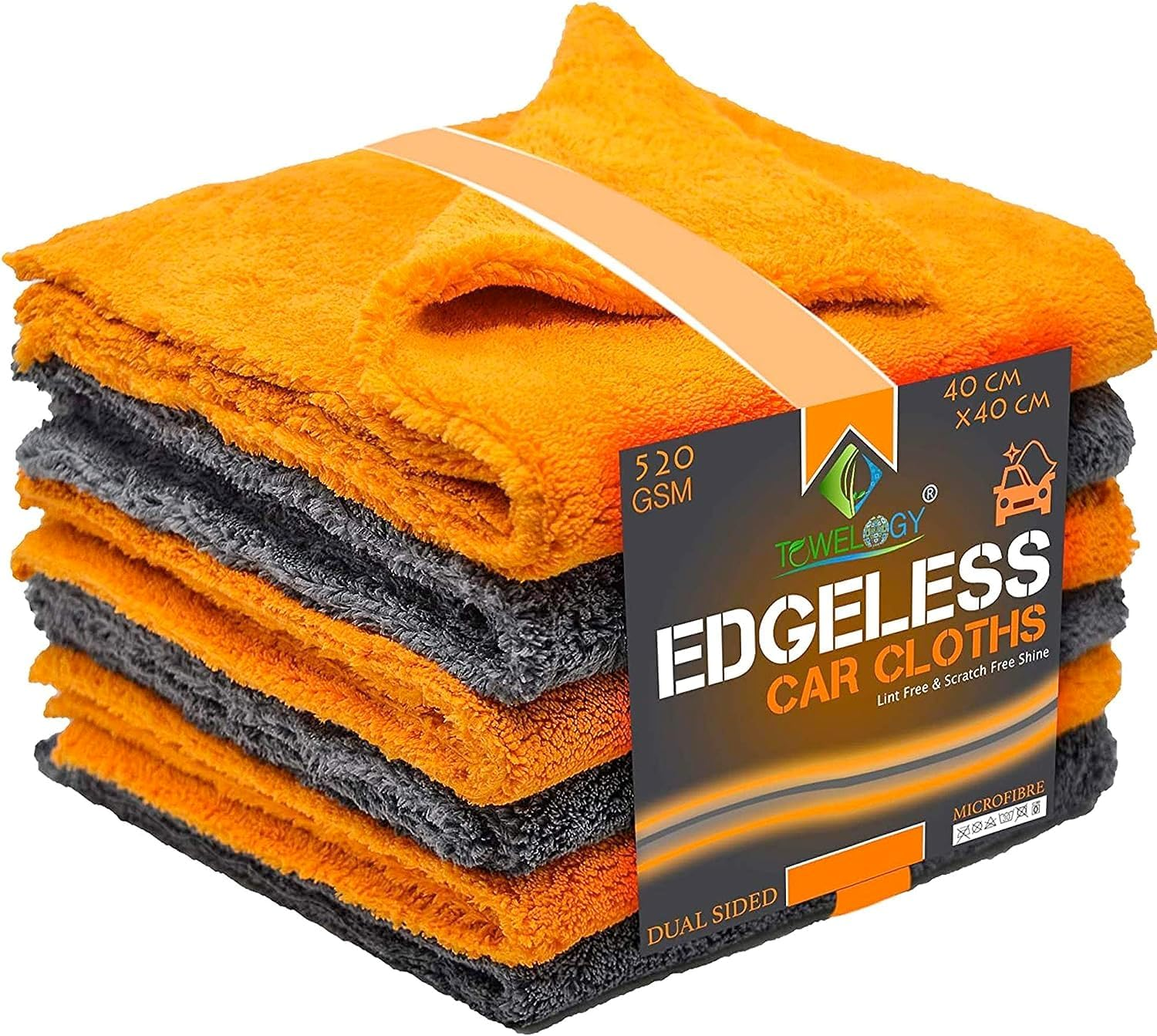 Towelogy&reg; 520Gsm Professional Microfibre Edgeless Car Cloths QUICK DRY for Auto/Moto Detailing Polishing Washing STREAK FREE & LINT FREE 40X40Cm (Grey/Orange, Pack of 2) image number 6