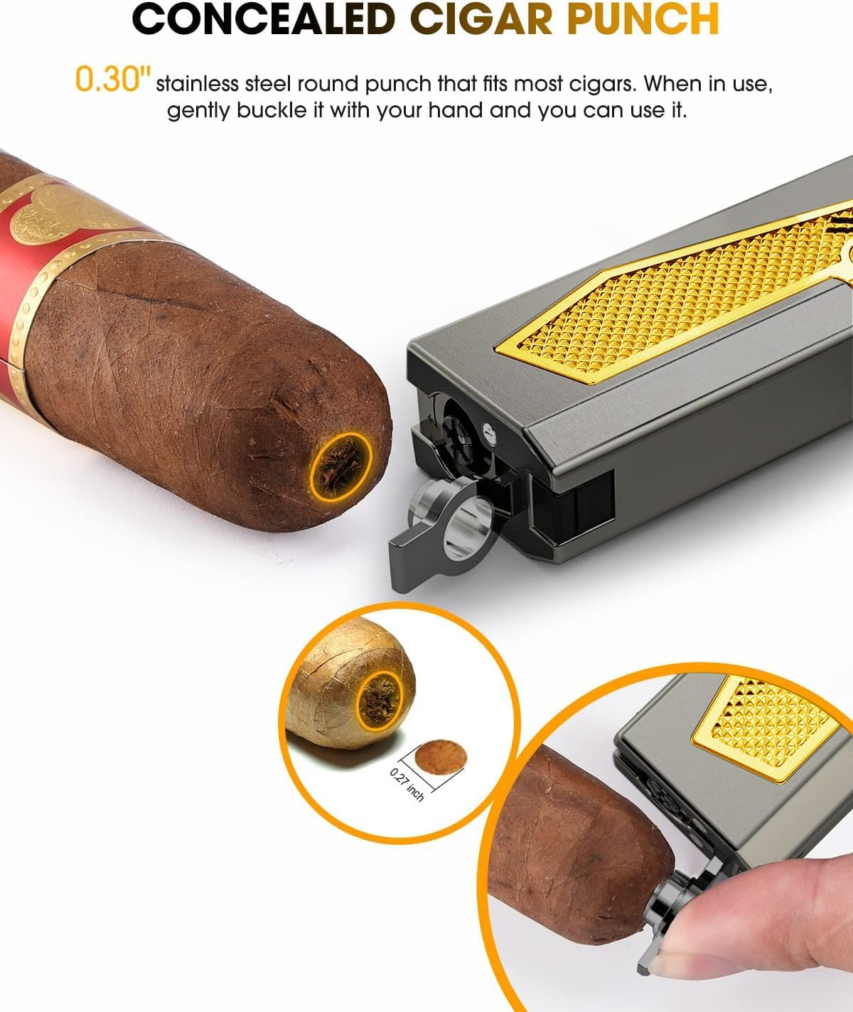Gifts for Men, Cigar Lighter 4 Torch Jet Flame, Cigar Punch, Cigar Holder, Cigar Draw Enhancer, Refillable Torch Lighter, Multi-Functional Cigar Accessories, Windproof Lighters with Gift Box