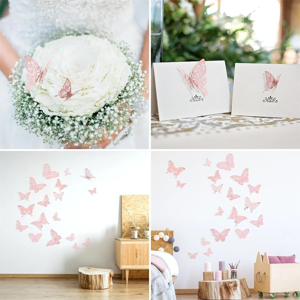 3D Pink Butterfly Wall Decor Stickers for Birthday Party Cake Decorations, Removable image number 5