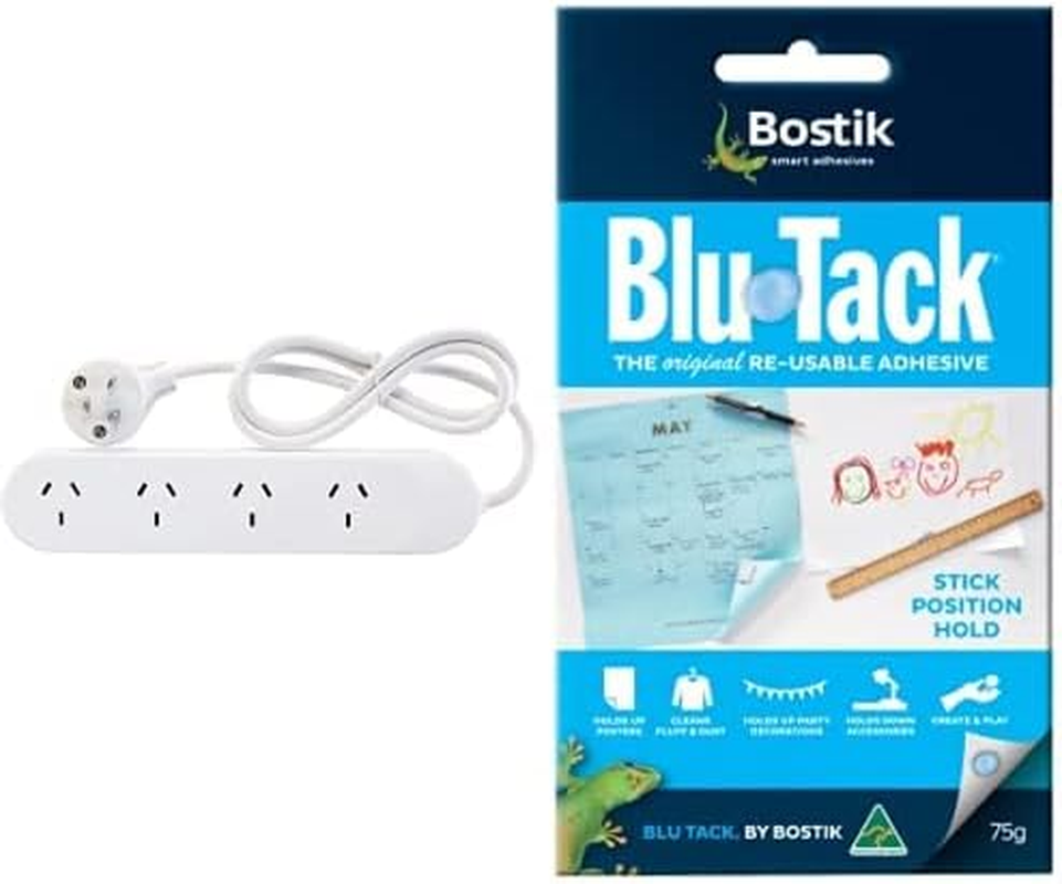 HPM Standard 4 Outlet Powerboard White + Bostik Blu Tack 75 G, 1 Pack, Blue/Gray