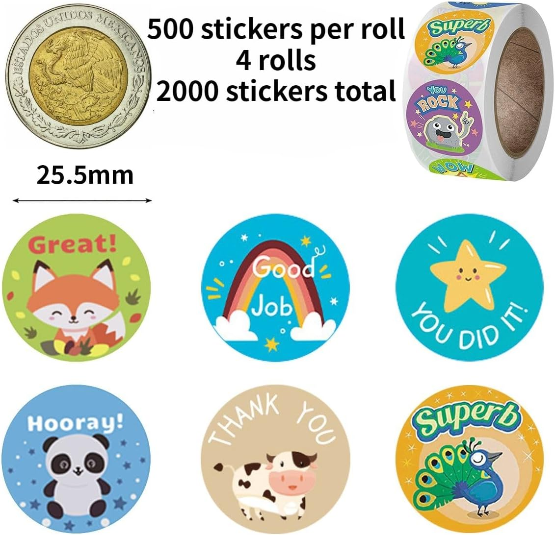 KALYRON 2000 Pcs Animal Reward Stickers,Fun Cartoon Bonus Stickers with Motivational Phrases, Perfect for Teachers, Students & Classroom Awards (Assorted Designs 4 Rolls image number 4