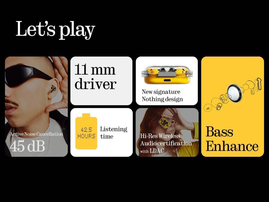 Nothing Ear (A) Wireless Earbuds with Chatgpt Integration, 45Db Hybrid Noise Cancelling Headphones, Hi-Res Audio, Advanced Equaliser, Dual Connect, 6 Mics, 42.5H Playtime Bluetooth Earphones Yellow - Yellow image number 3