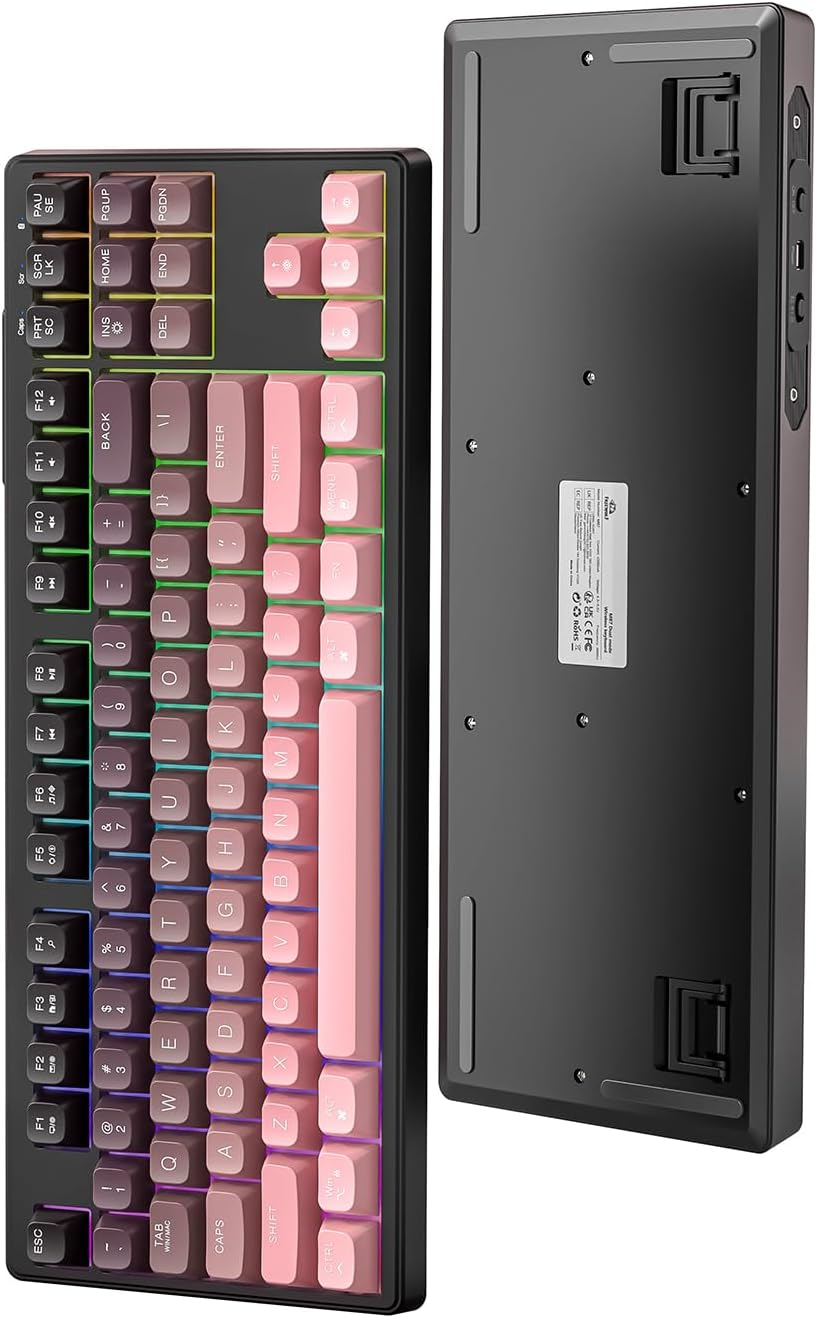 ZIYOU LANG X Attack Shark M87 75% Wireless Gaming Keyboard Mechanical Feel Silent Rainbow Backlit Bluetooth/2.4Ghz PBT Gradient Keycaps Rechargeable 4000Mah Battery Ergonomic for Mac/Win/Pc-Pink