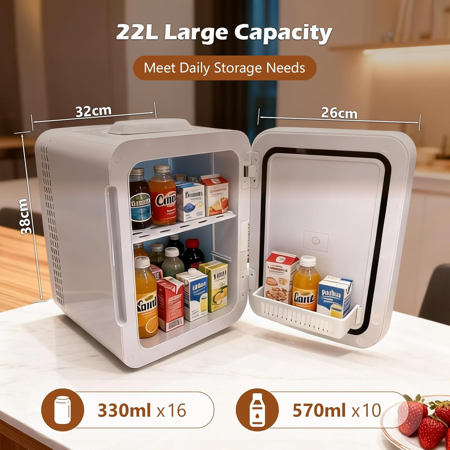 22L Mini Fridge, Portable Mini Fridge for Bedroom, 2-In-1 Personal Cooler Car Refrigerator, DC 12V and AC Cords, for Bedroom Home Office Travel, Silver image number 5