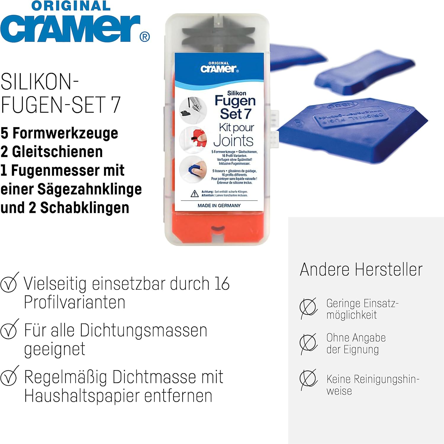 Cramer 40407DE Silicone Profiling Kit 7 &ndash; Professional Silicone Tool Kit with Sealant Finishing Tools and Caulk Removal Tools &ndash; German Instructions image number 5