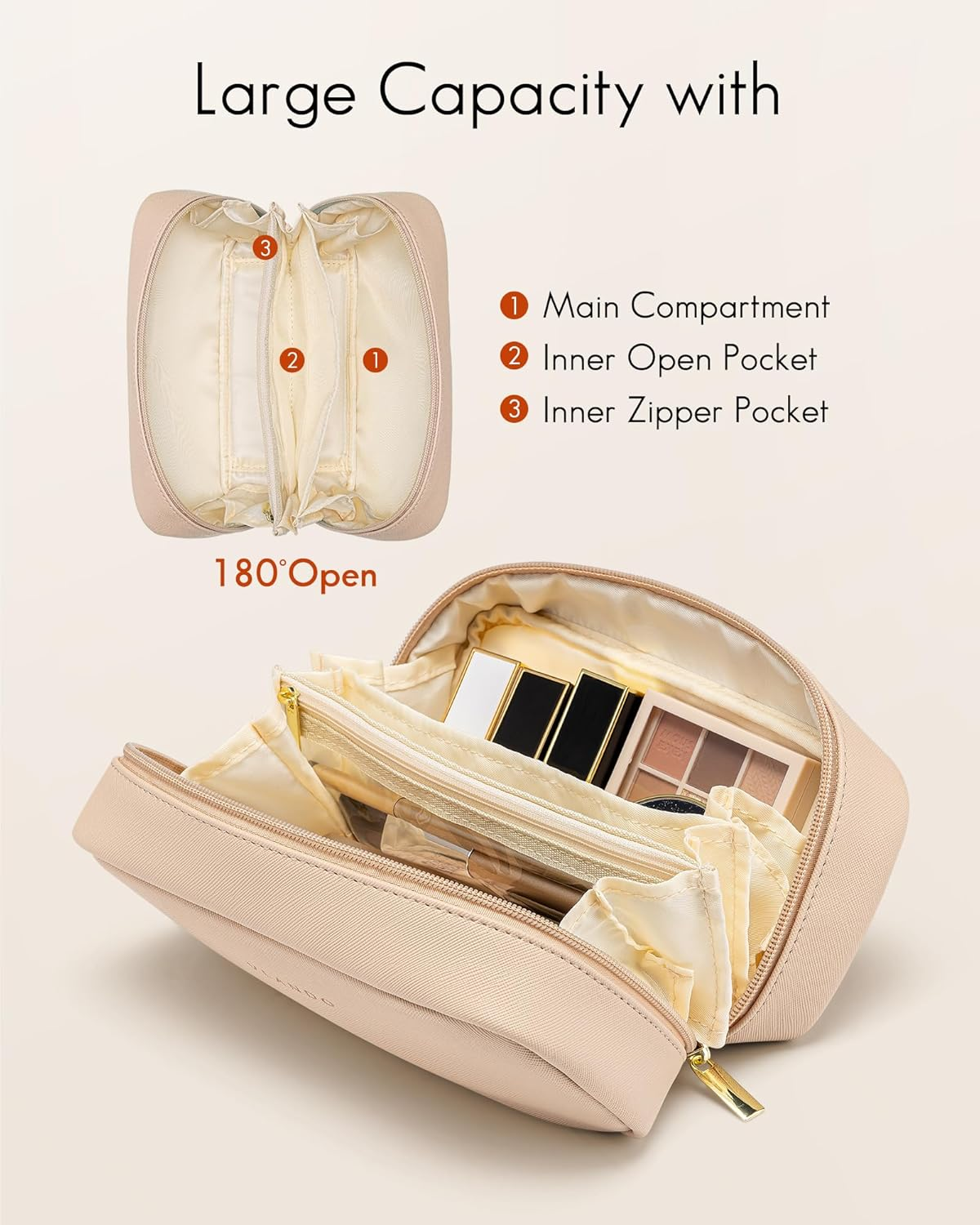 Vlando Travel Makeup Bag, Small Makeup Bag for Purse, Milk Tea image number 3