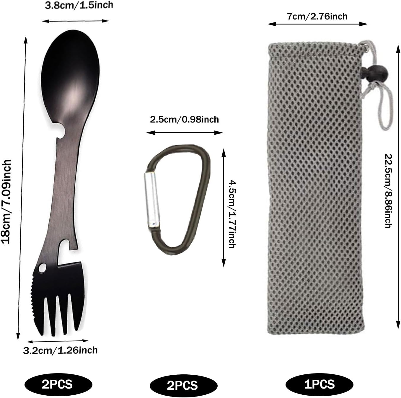 5-In-1 Multi-Functional Camping Utensils, 2 Pack, Stainless Steel Spork, Fork & Knife, Can & Bottle Opener, with Carabiner and Bag, Black image number 6