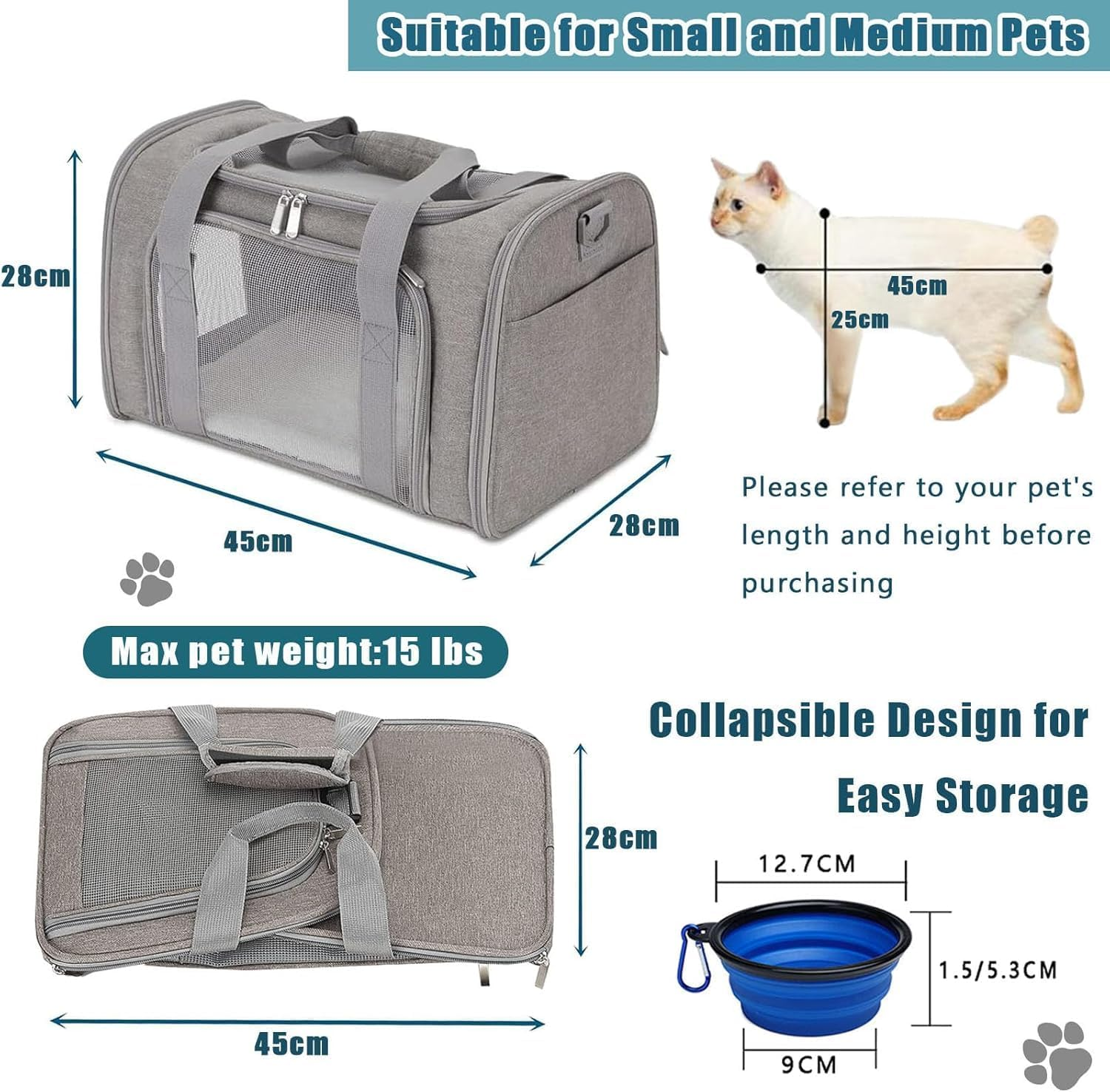 New Upgraded Soft Sided Pet Carrier, Airline Approved, Lockable Zippers, Breathable Dog Carrier for Small Medium Cats and Puppies up to 15 Lbs, Small Dog Carrier - Grey image number 5
