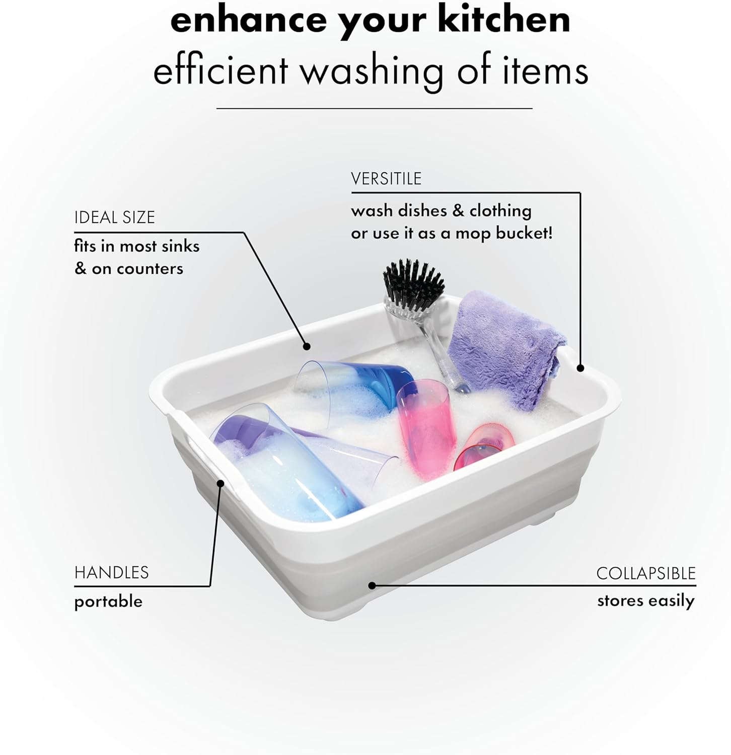 Madesmart Collapsible Dishwashing Basin with Handles, Plastic Pop-Up Dish Wash Basin for Kitchen Counters, Gray/White image number 6