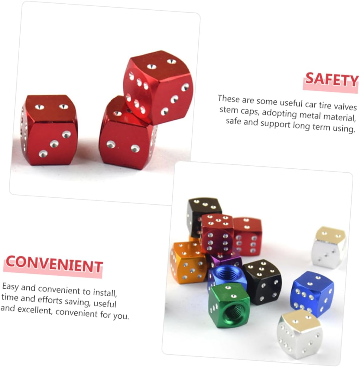 BUGUUYO 12Pcs Aluminum Alloy Dice Style Valve Stem Caps Universal Tire Valve Caps for Cars and Trucks, Multi-Color Set Black Red Blue, Lightweight and Airtight Seal Accessories for Automotive Wheels image number 1