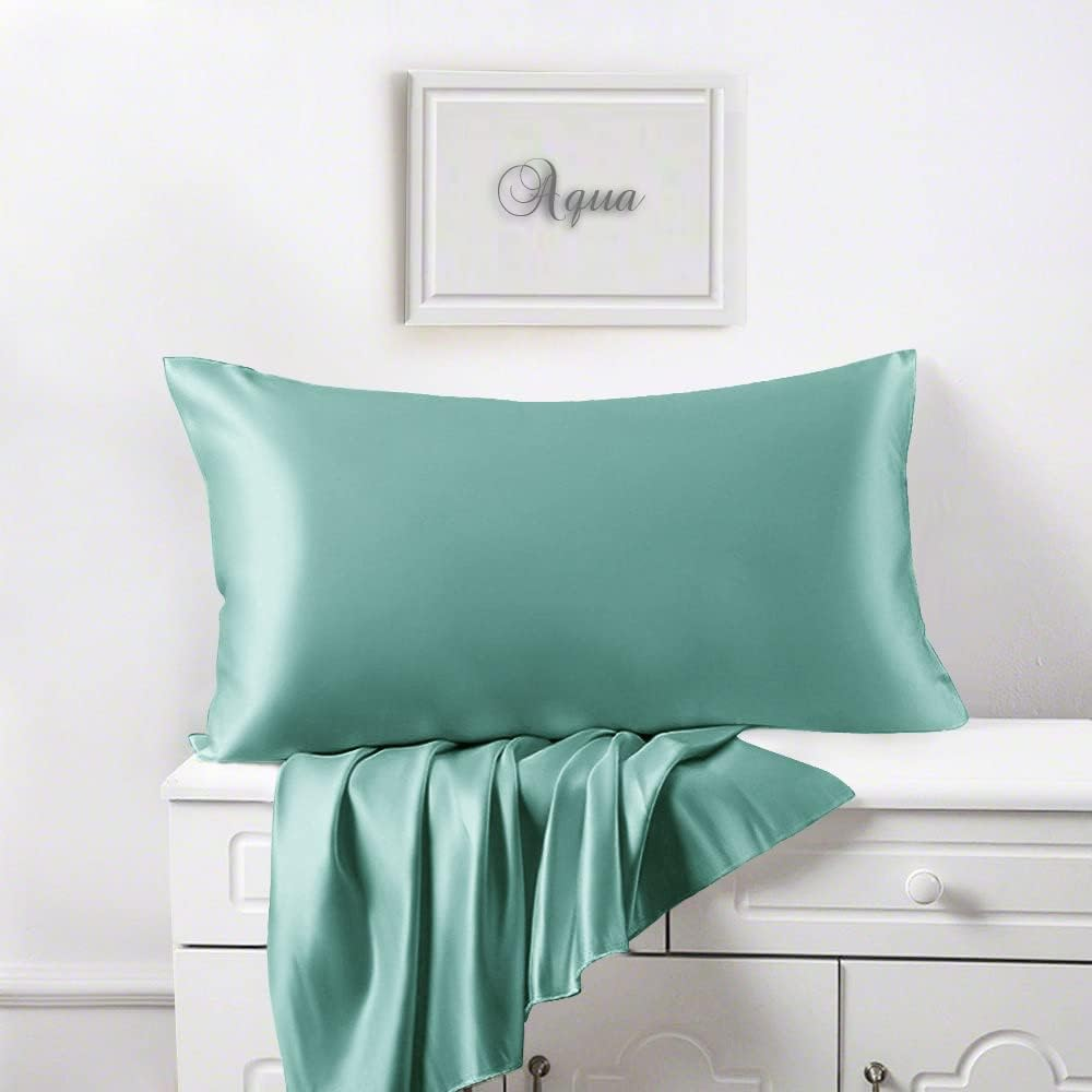 LINENWALAS 100% Vegan Bamboo Silk Pillowcover Set 20 X36 Natural Soft and Best for Hair and Delicate Skin- Set of 2(King,Aqua)