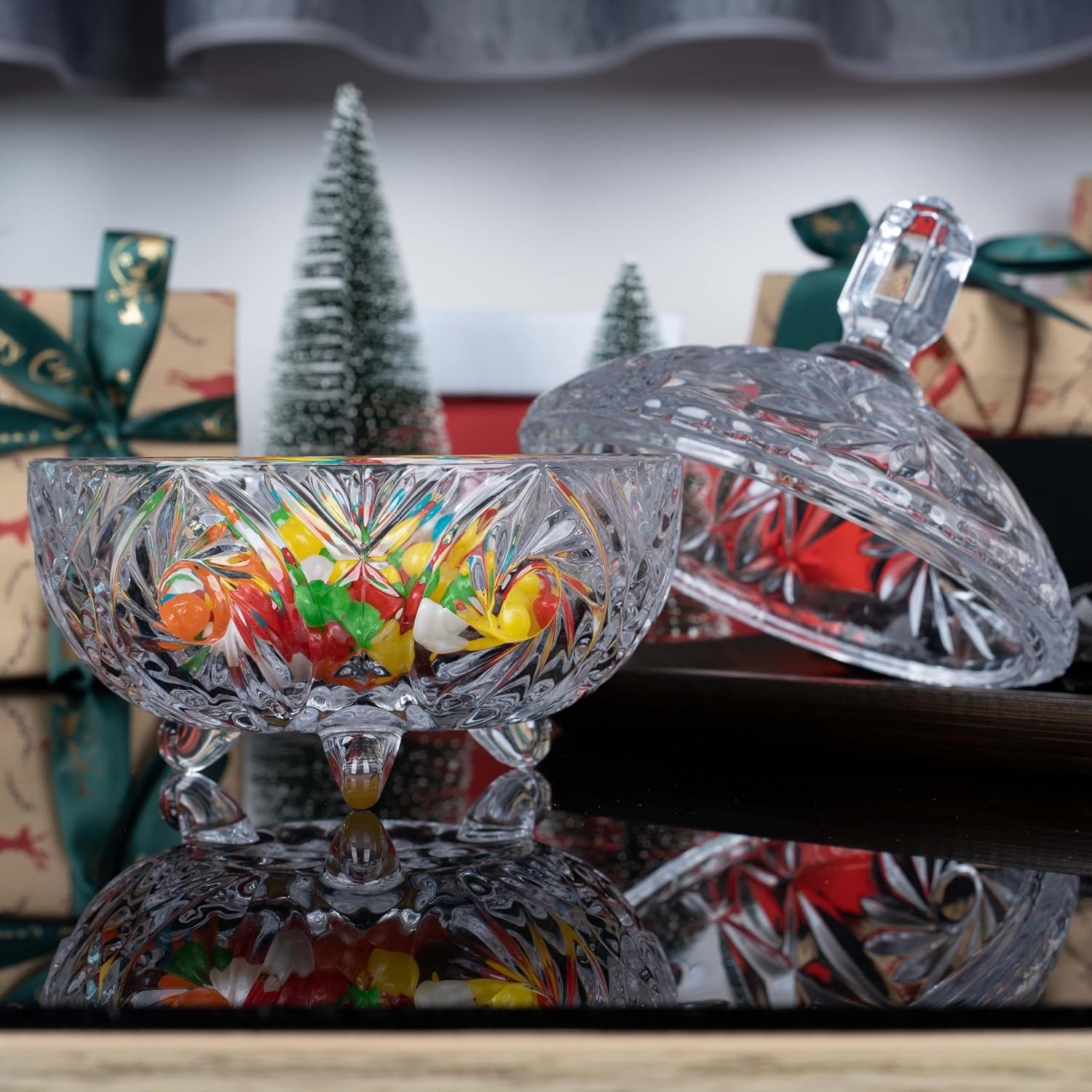 Large Glass Sweet Bowl with Lid, 800ML, Sweet Jars for Candy Buffet, Crystal Sugar Dish Decorative, Biscuit Storage Container for Chocolate, Cookie, Beans, Nuts, Jewelry Box, Apothecary, Christmas