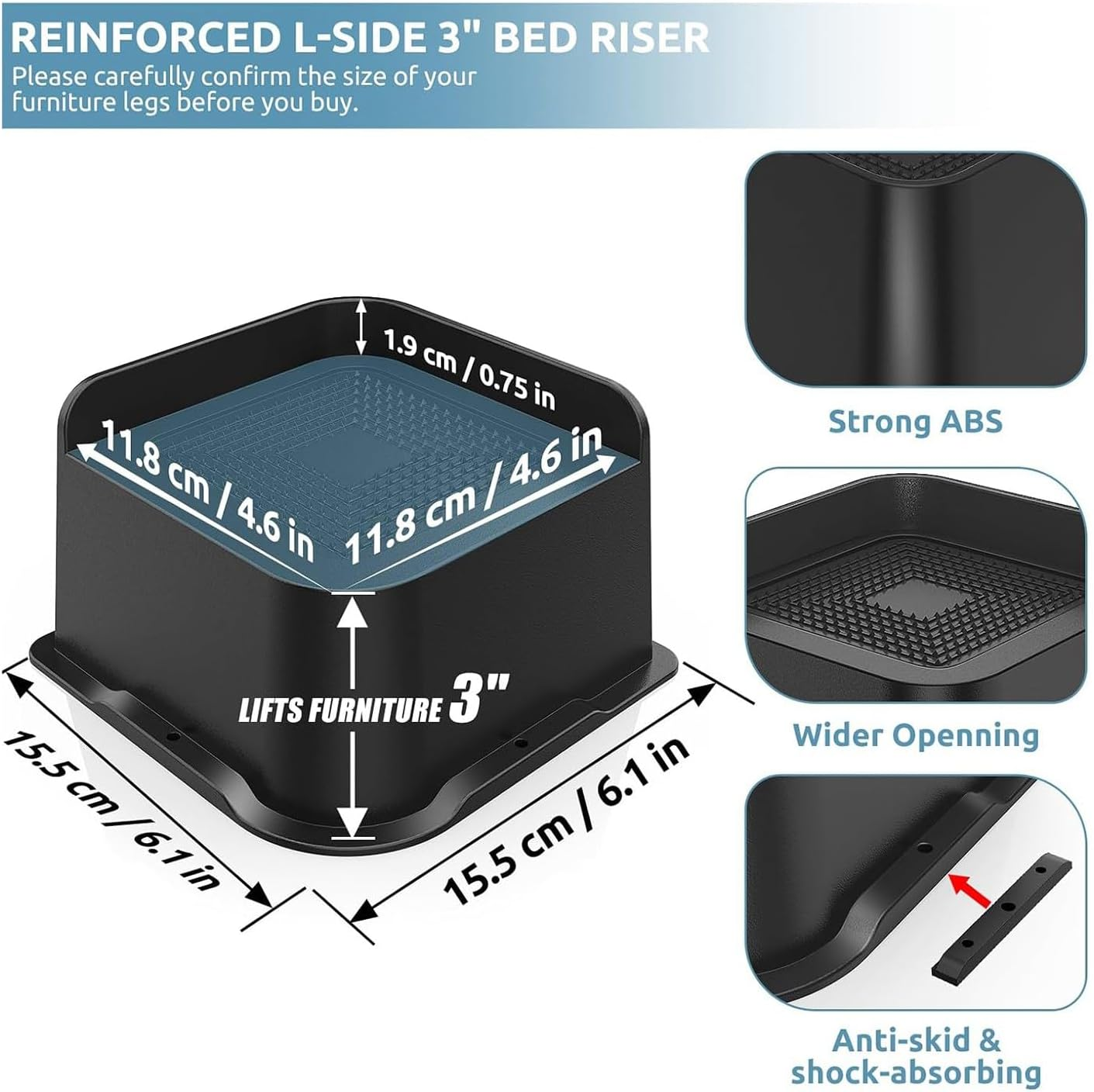 4 Pack Bed Risers 3 Inch Heavy Duty, 4.8X4.8In Wide Opening Furniture Risers, Black ABS Bed Lifts Risers for Sofa,Bed Frame,Tables