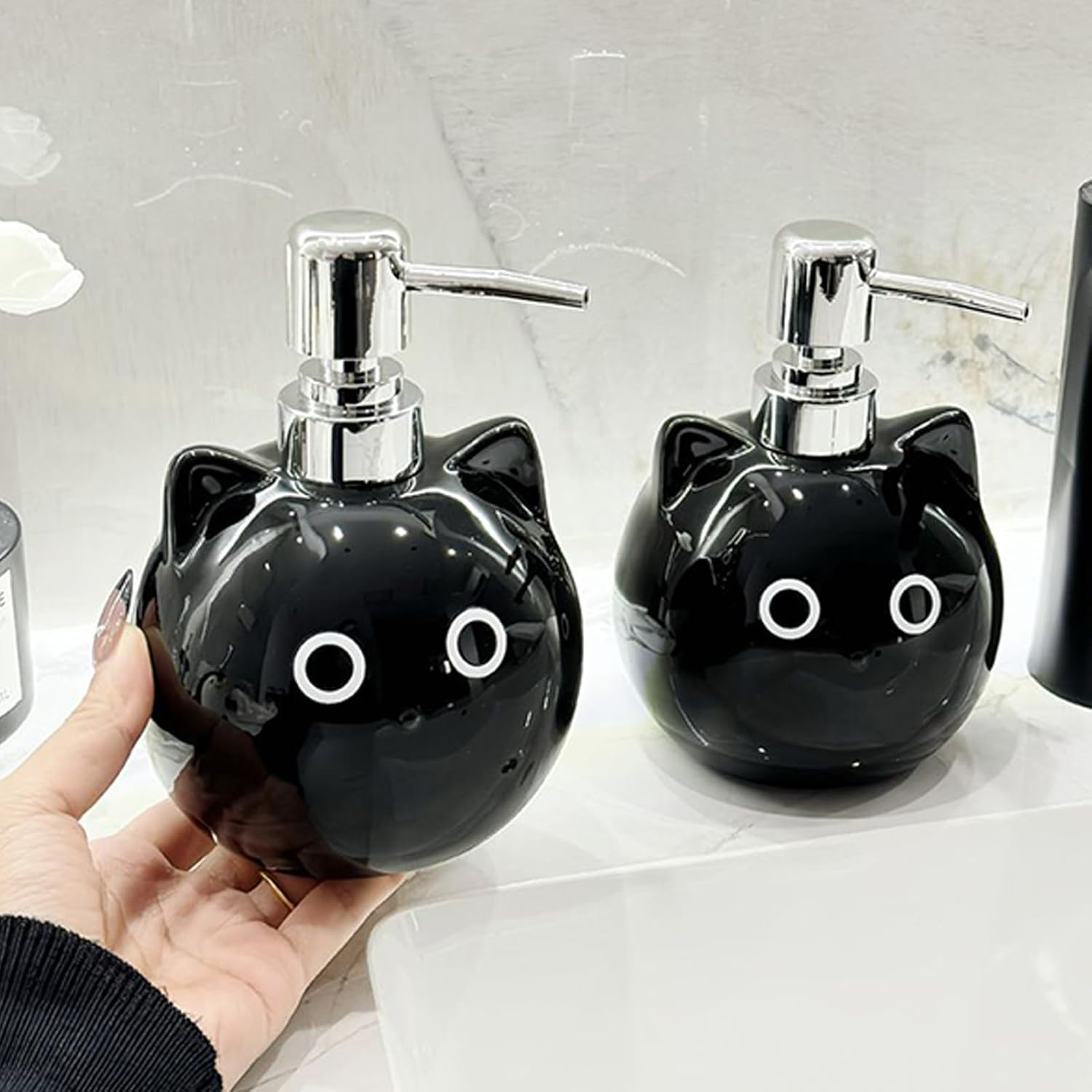 Furtryvl Hand Soap Refill Bottles,480Ml Lightweight Pump | Black Cat Ceramic Empty Soap Lotion Pump Bottle Dispenser | for Shampoo Body Toner Face Creams Body Lotion Travel Home Office Daily image number 3