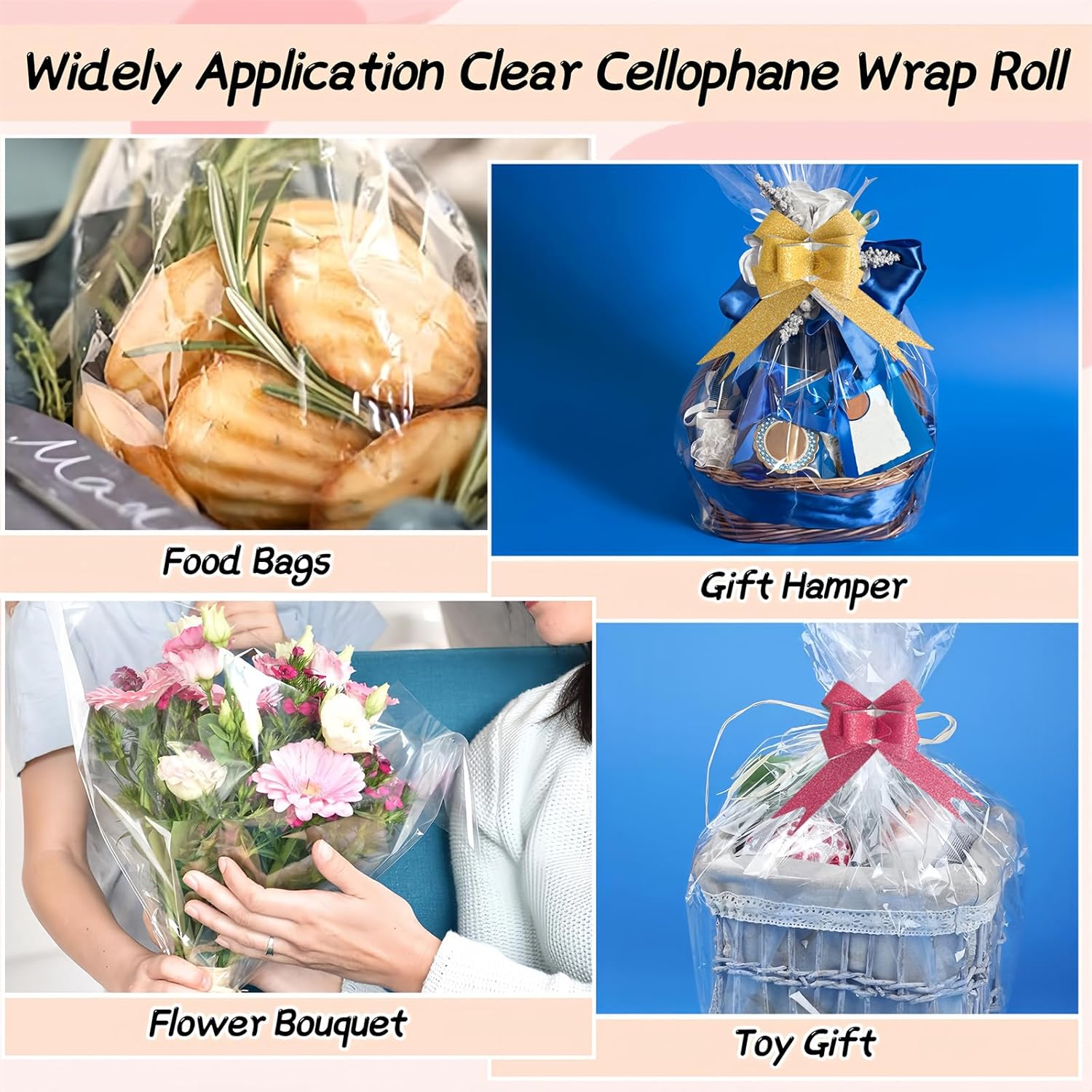 ZCOINS Clear Cellophane Wrap Rolls 40Cm X 30M (1.3Ft X 98.5Ft) and Shiny Pull Bows Packaging Sets, 2.5 Mil Transparent Crystal Clear Cellophane Wrapping Paper for Hampers, Gifts, Toys, Arts & Crafts, Florist Flowers, Treats Wrapping
