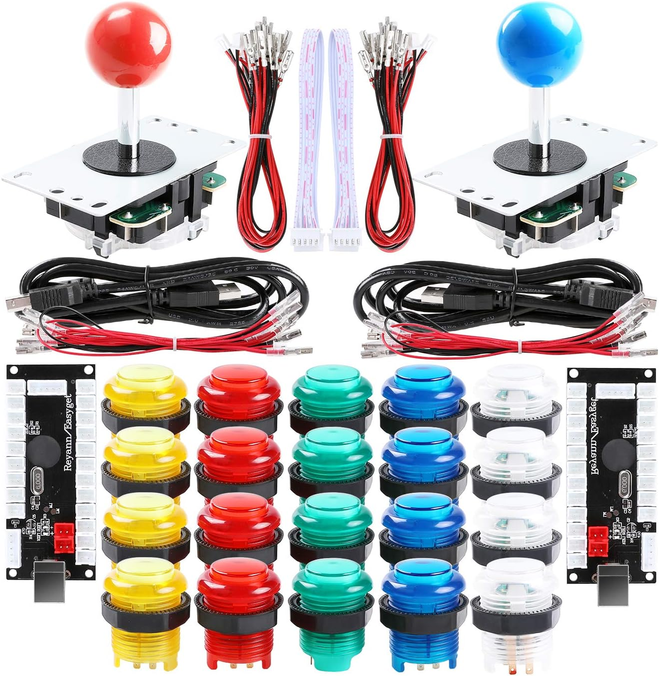 Qenker 2-Player LED Arcade DIY Kit for USB MAME PC Game DIY & Raspberry Pi Retro Controller DIY Including 2X Arcade Joystick, 20X LED Arcade Buttons, 2X Zero Delay USB Encoder (Mixed Color Kit) image number 1