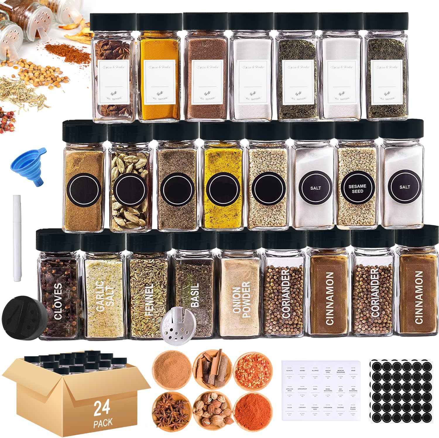 24 Pcs Spice Jars with Labels, Yakiter 120 Ml Glass Spice Jars with Black Seal Lid and Funnel, Kitchen Sealed Storage Jar with Lid, Empty Spice Jar for Kitchen, Cabinets, Drawers (24 Bottles) image number 6