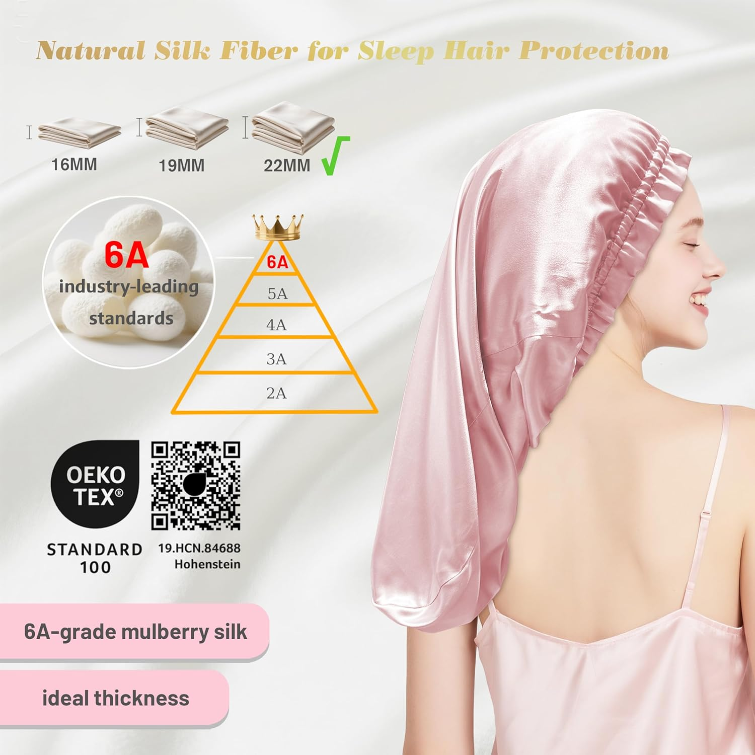 Townssilk Silk Bonnet for Sleeping, 100% 22 Momme Mulberry Silk for Women, Luxurious, Breathable, Sits Secure Overnight & Pressure Free, Ideal for Long & Curly Hair - Dustypink 58Cm