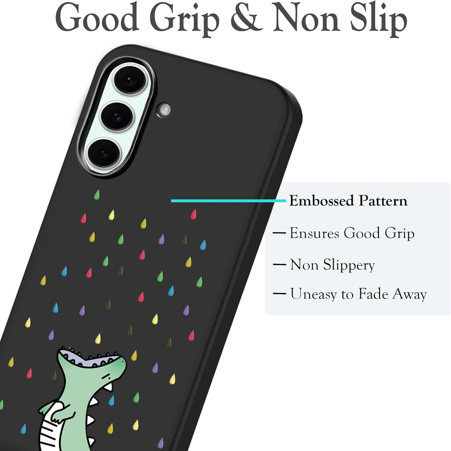 Unov Case Compatible with Galaxy S25 Case with Design Soft TPU Shock Absorption Slim Embossed Pattern Black Protective Back Cover(Rainbow Dinosaur) image number 1