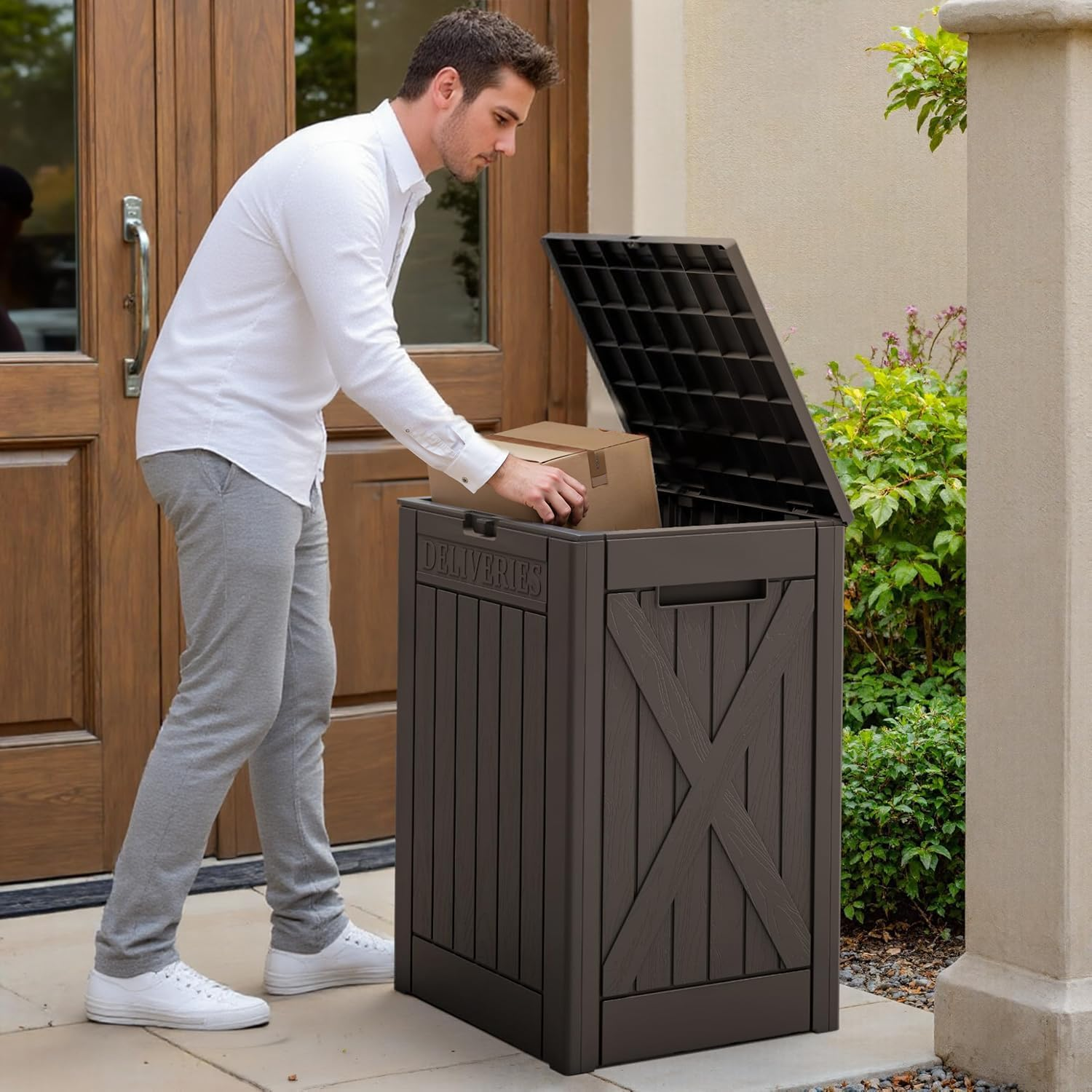 182L Lockable Outdoor Package Delivery Box, Waterproof Deck Storage Box PP Material, for Porch & Backyard (Brown) image number 4