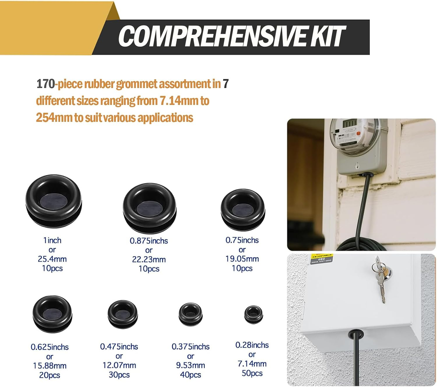 170-Piece Rubber Grommet Assortment Kit, 7 Sizes 7-25Mm, Waterproof and Fire Resistant, Black image number 4