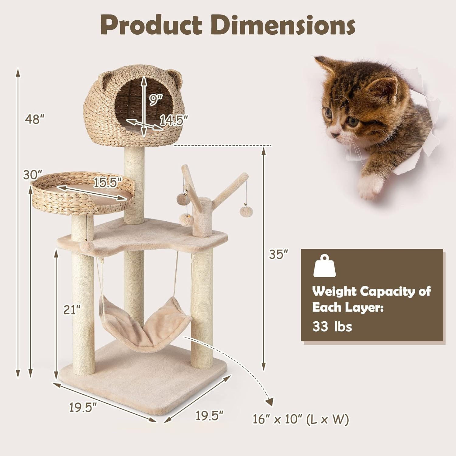 Giantex Wooden Cat Tree, 48 Inches Cat Tower with Cattail Condo, Cat Bed, Hammock, Rotatable Jingling Balls, Natural Sisal Scratching Posts, Removable Cushion, Multi-Level Kitten Activity Center