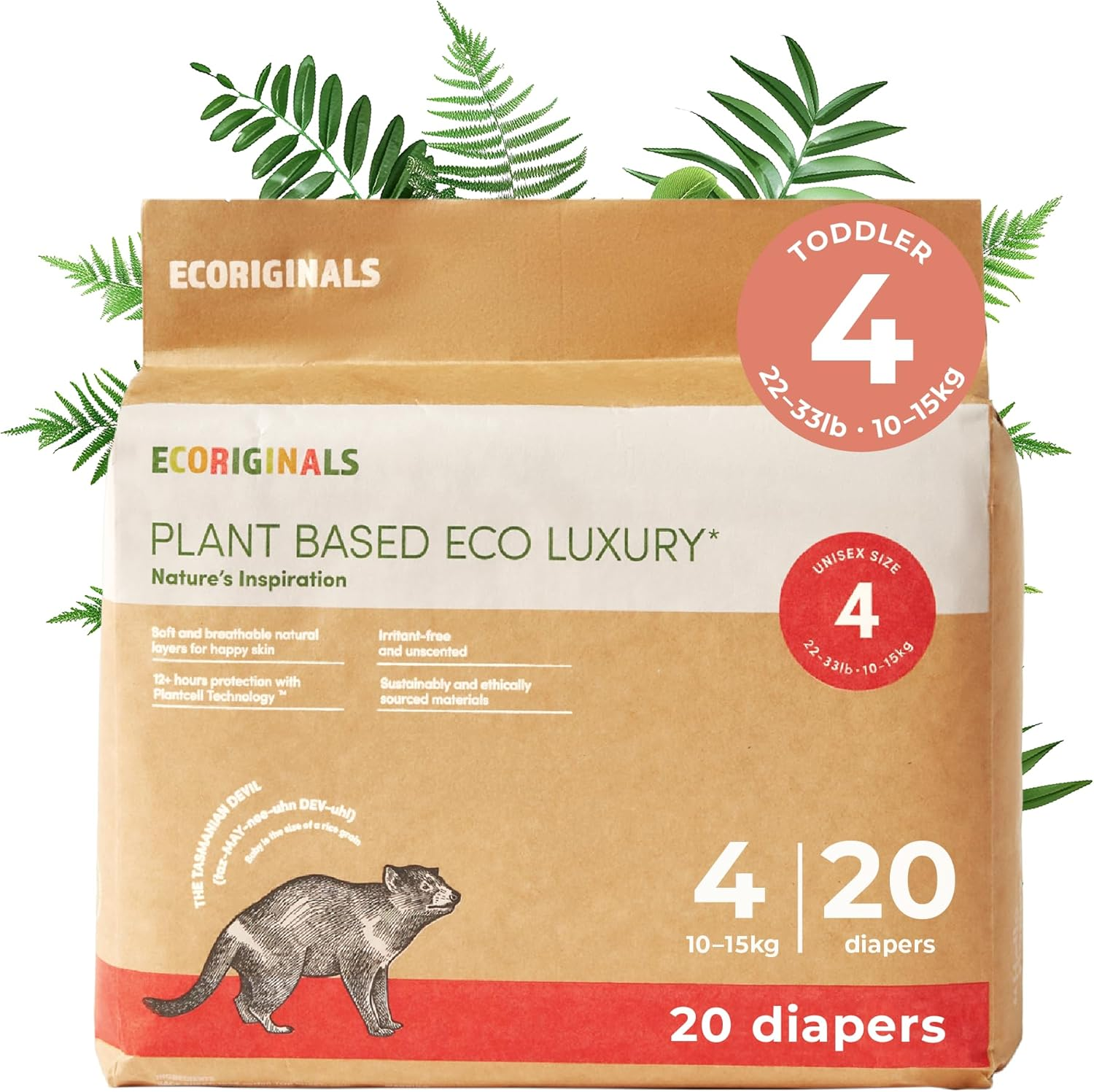 Ecoriginals - 20 Eco Toddler Nappies - Baby Nappies Size 4 with 100% Plant-Based Layers, Disposable & Hypoallergenic Baby Essentials for Kids - Secure Fit Nappies (10-15Kg), 1 Pack image number 2