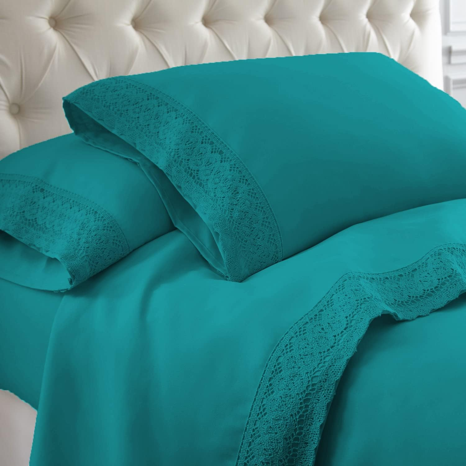 Shangri La Crochet Lace Microfibre Sheet Set, King Single, Teal