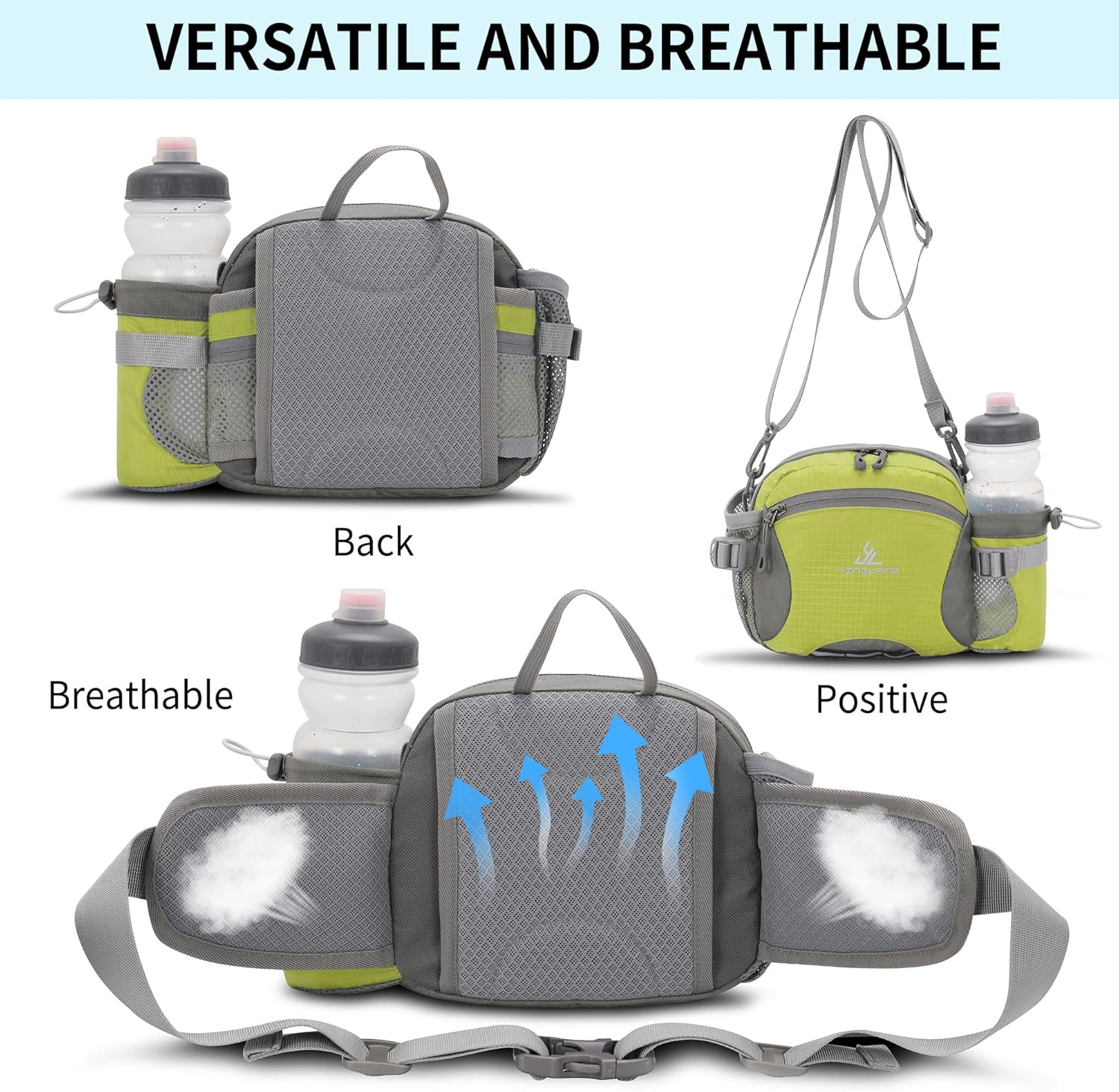 Water Resistant Bum Bag with Water Bottle Holder and Multi-Pockets, Large Capacity Waist Fanny Pack Bumbag for Dog Walking Hiking Travel Sports Women Men, Green, L