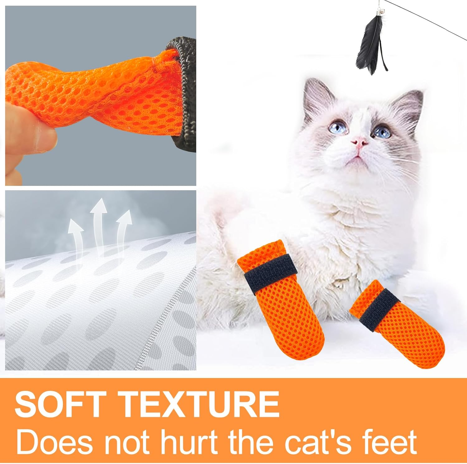 Cat Boots,Paw Covers Anti-Scratch Cat Foot Covers for Cats Adjustable Mesh Cat Claw Protectors Non-Slip Breathablesuitable for Family Pet Cat Bathing and Nail Cutting (4 Pieces) (L, Orange) image number 5