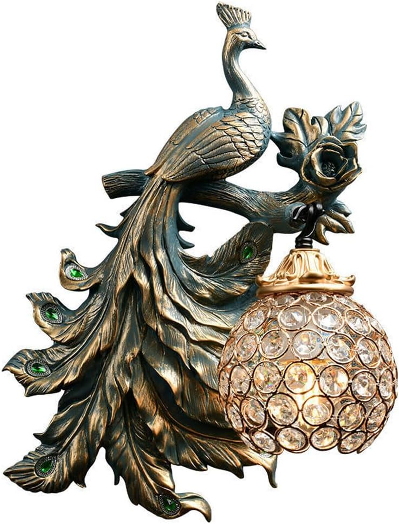 Peacock Wall Sconce Resin Wall Mount Light Crystal Globe Wall Lamp Fixture, Vintage Peacock Sconces Wall Lighting Fixture European Style Wall Lamps for Farmhouse Restaurant XXZ image number 1
