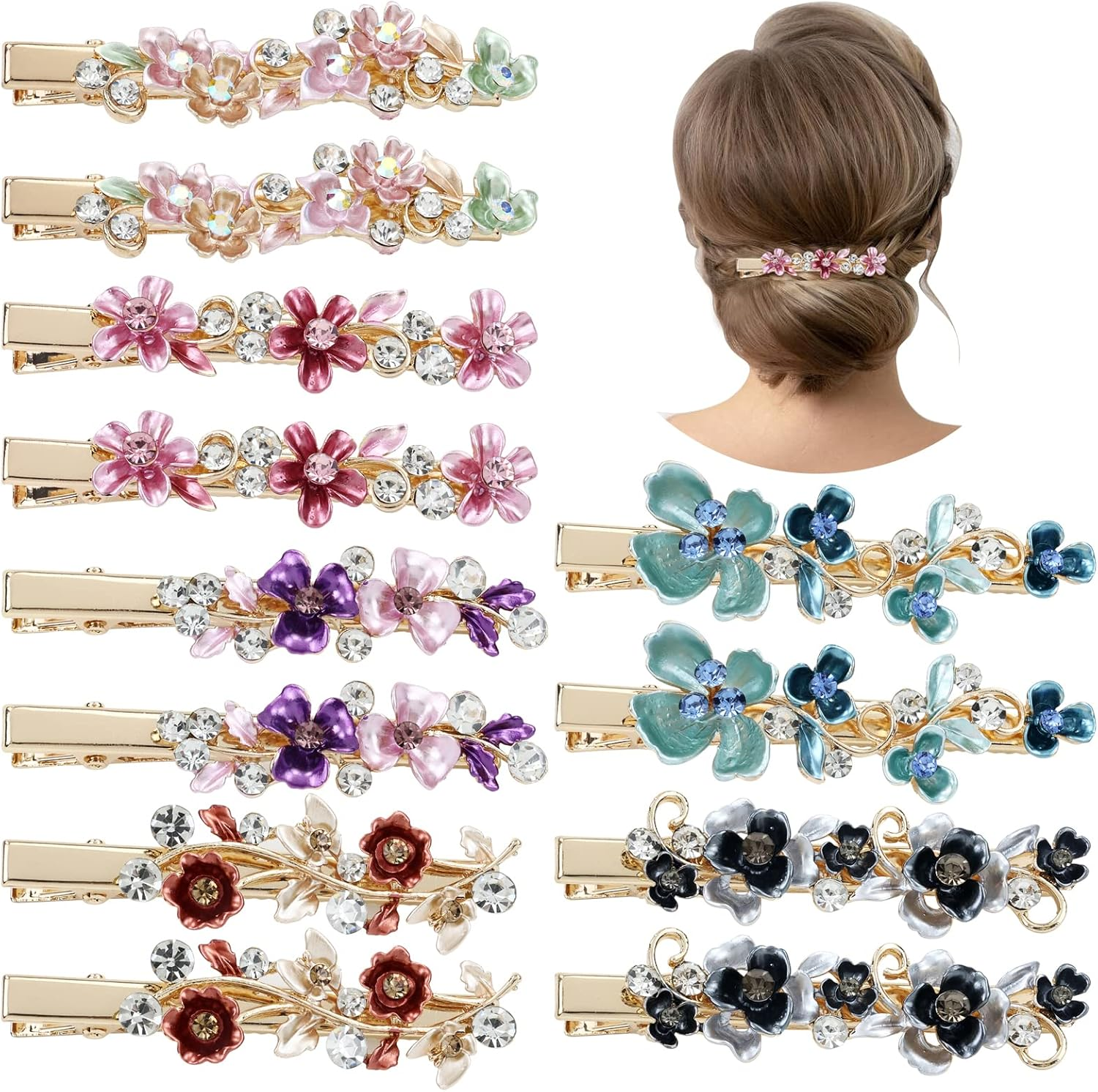 Lawie 12 Pack Colorful Sparkly Glitter Crystal Hair Jewelry Rhinestone Flower Duckbill Hair Clips Metal Alligator Hair Clips Fine Hair Ponytail Holder Decorative Hair Barrettes Accessories for Women image number 3