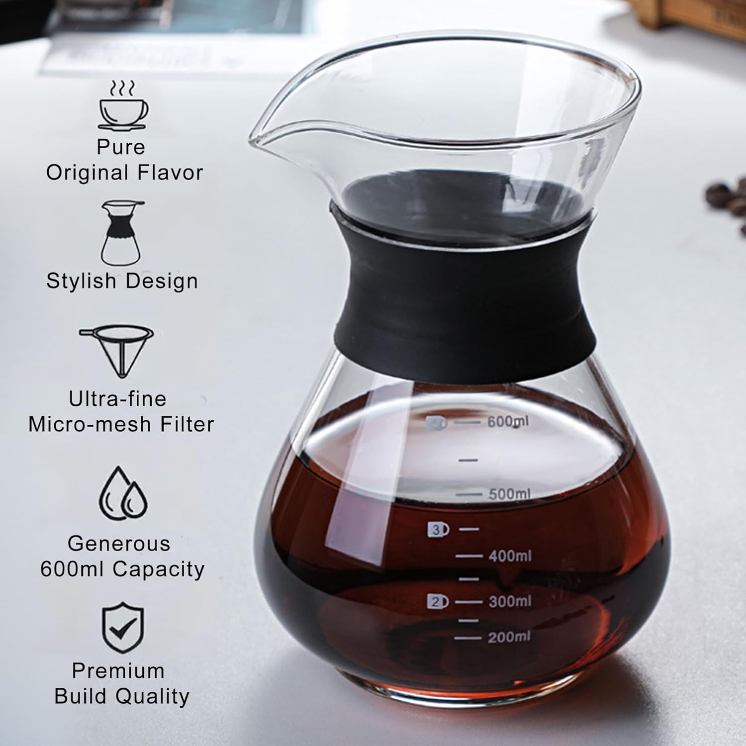 Pour over Coffee Maker 600Ml - Borosilicate Glass Carafe with Stainless Steel Filter, V-Shaped No-Drip Spout & Heat-Resistant Silicone Grip - Manual Drip Coffee Brewer for Barista-Quality Coffee image number 2