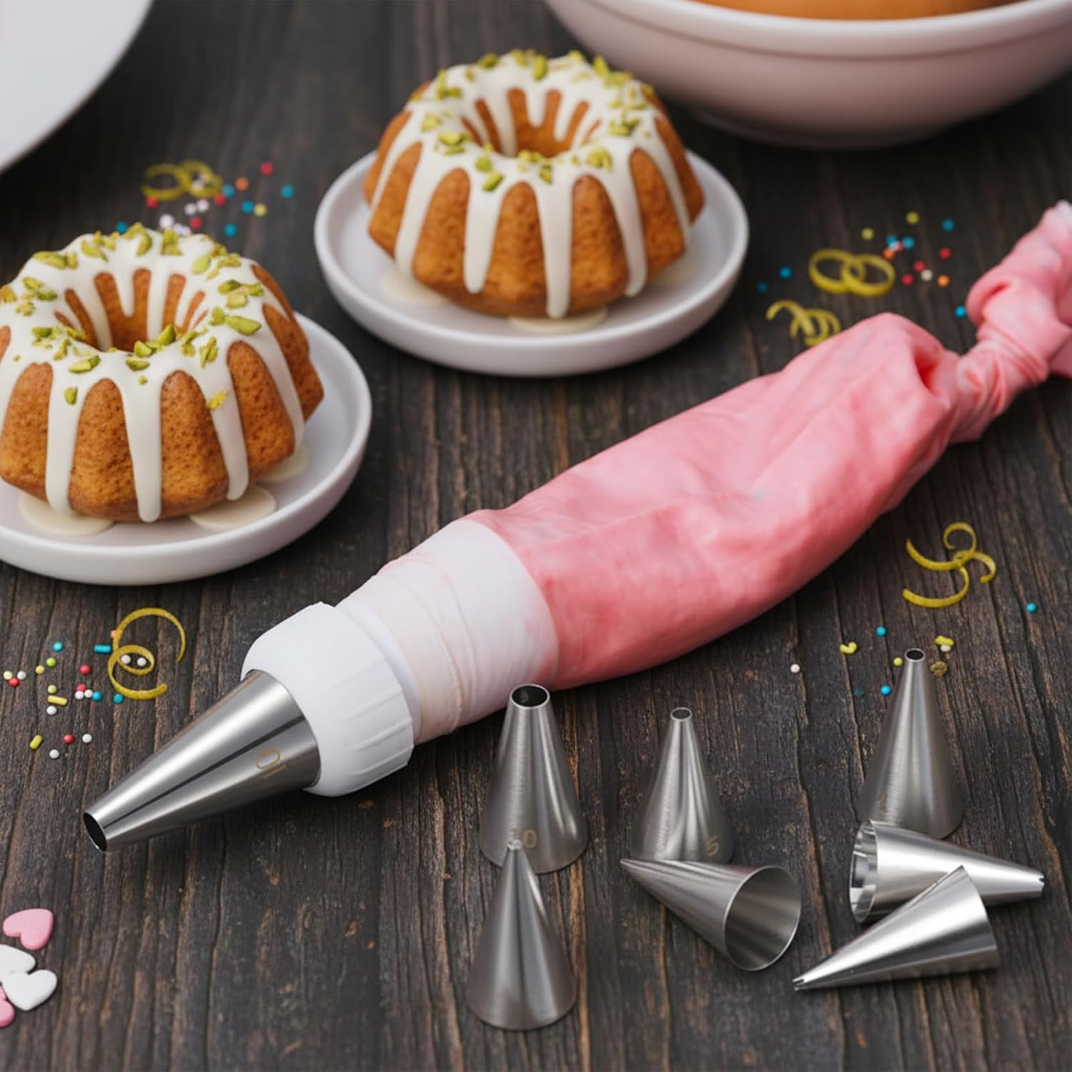 LXUEJIE 7 Pcs round Hole Piping Tips Set, Stainless Steel Cupcake Frosting Nozzles Professional Icing Dispensers Supplies Cake Decorating Tool for Baking Cookies Puff Doughnut Cream Bag Filler image number 4