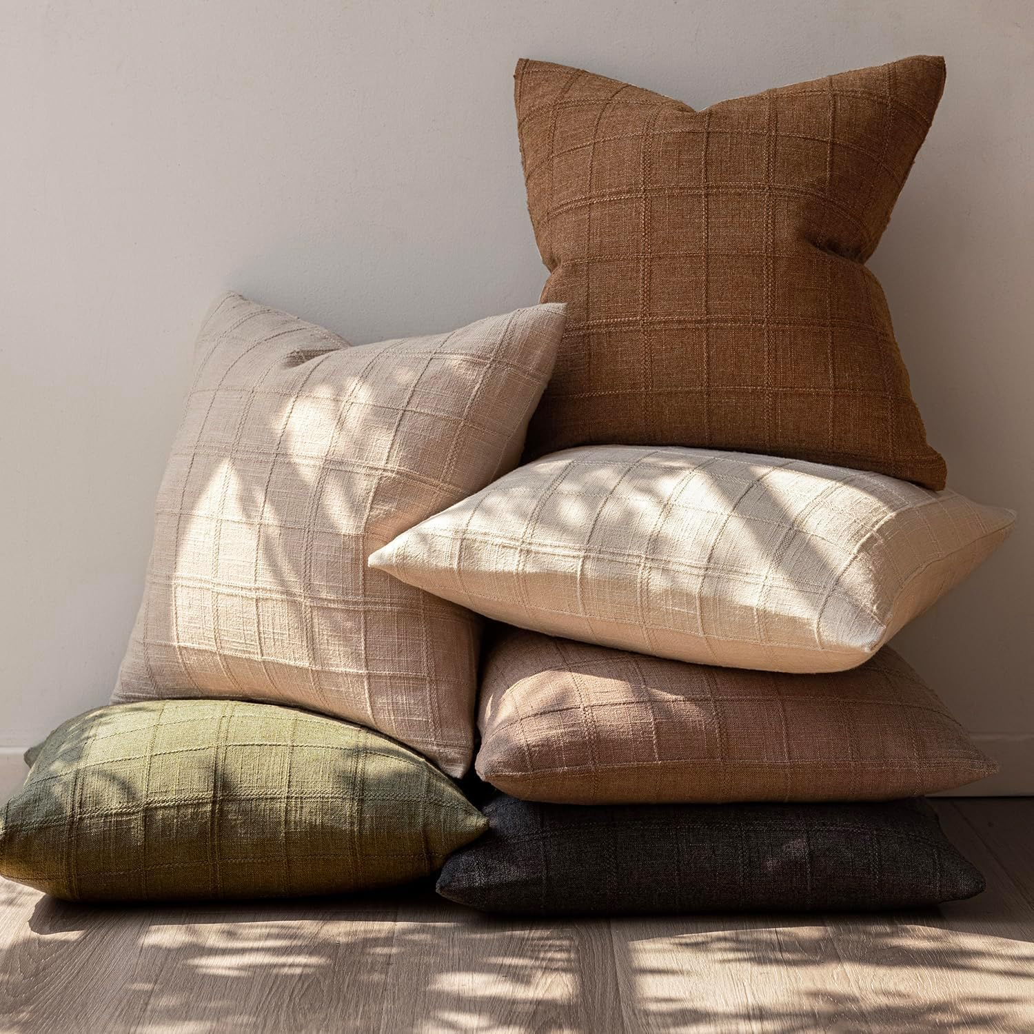 Throw Pillow Covers 20X20 Inch - Brown Linen Plaid Checkered Decorative Pillow Covers for Couch, Bedroom, Sofa - Neutral Rustic Farmhouse Boho Organic Modern Home Decor (Set of 2) image number 5