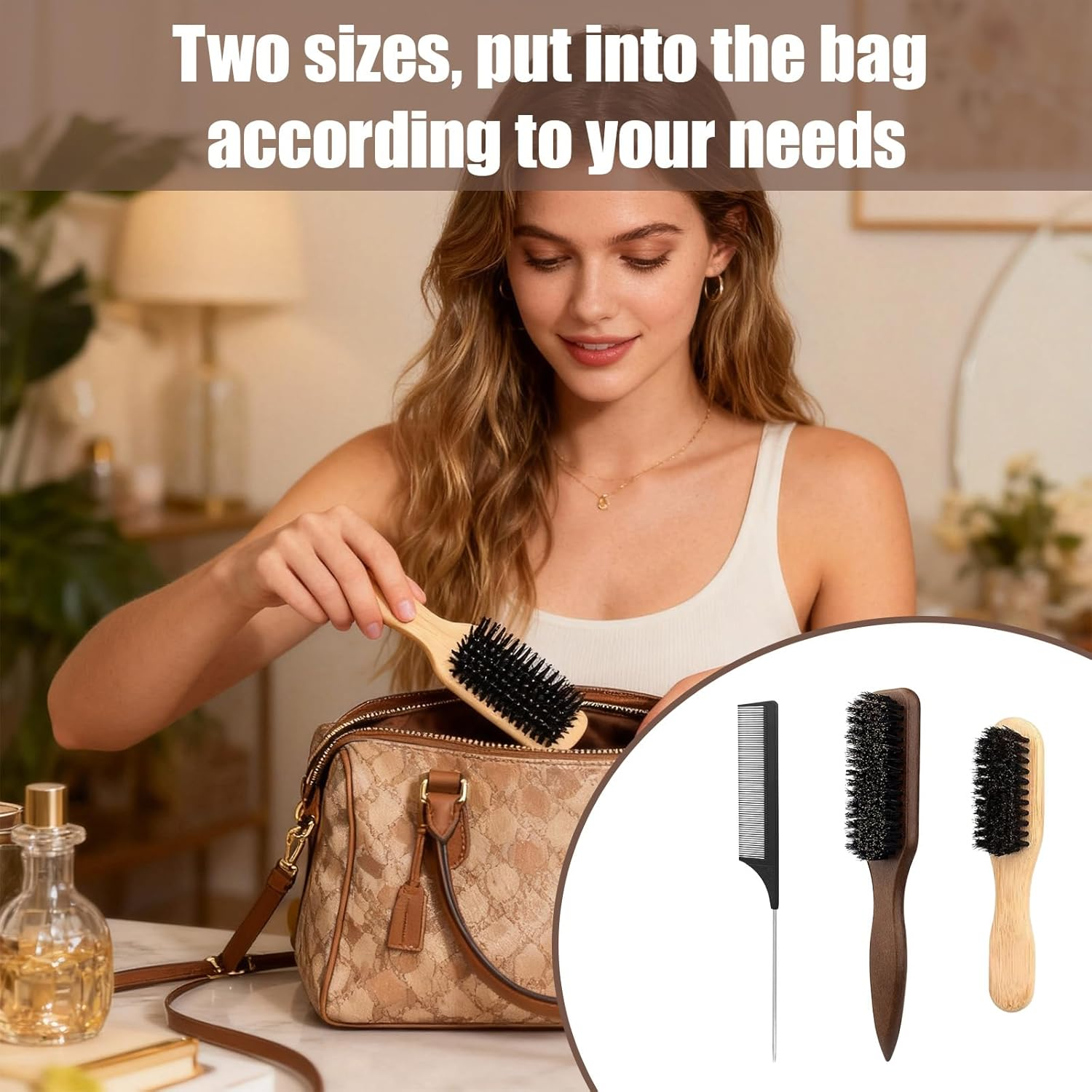 3 Pack Boar Bristle Hair Brush Set,Brown Beard Brushes+ Small + Black Steel Needle Combs, Anti-Static Wooden Handle Brushes for Men and Women, for Hair and Beard Care