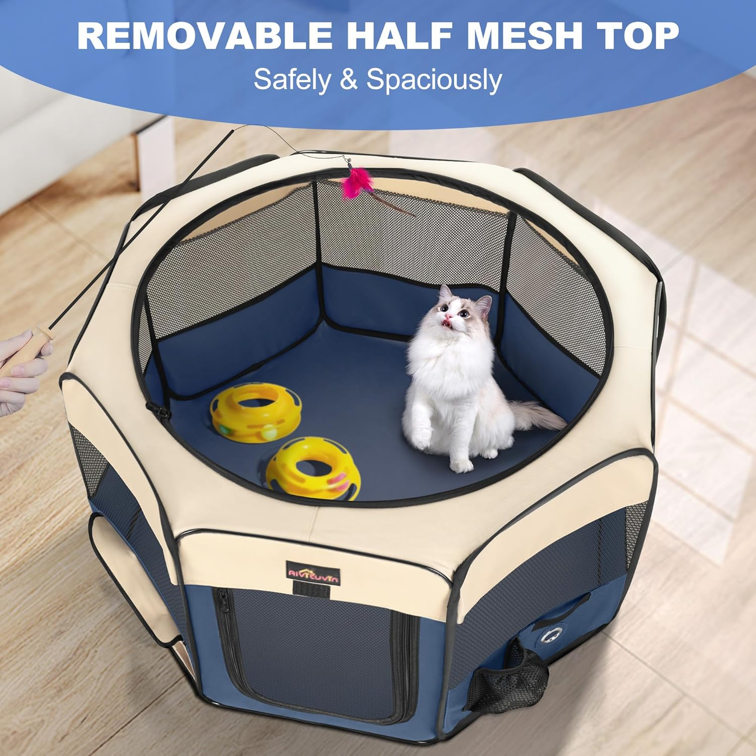 Dog Playpen, Cat Playpen - Foldable Pet Playpen with Carrying Case, Portable Pet Tent for Indoor/Outdoor Use | Water Resistant | Removable Shade Cover - (Blue, Small) image number 5