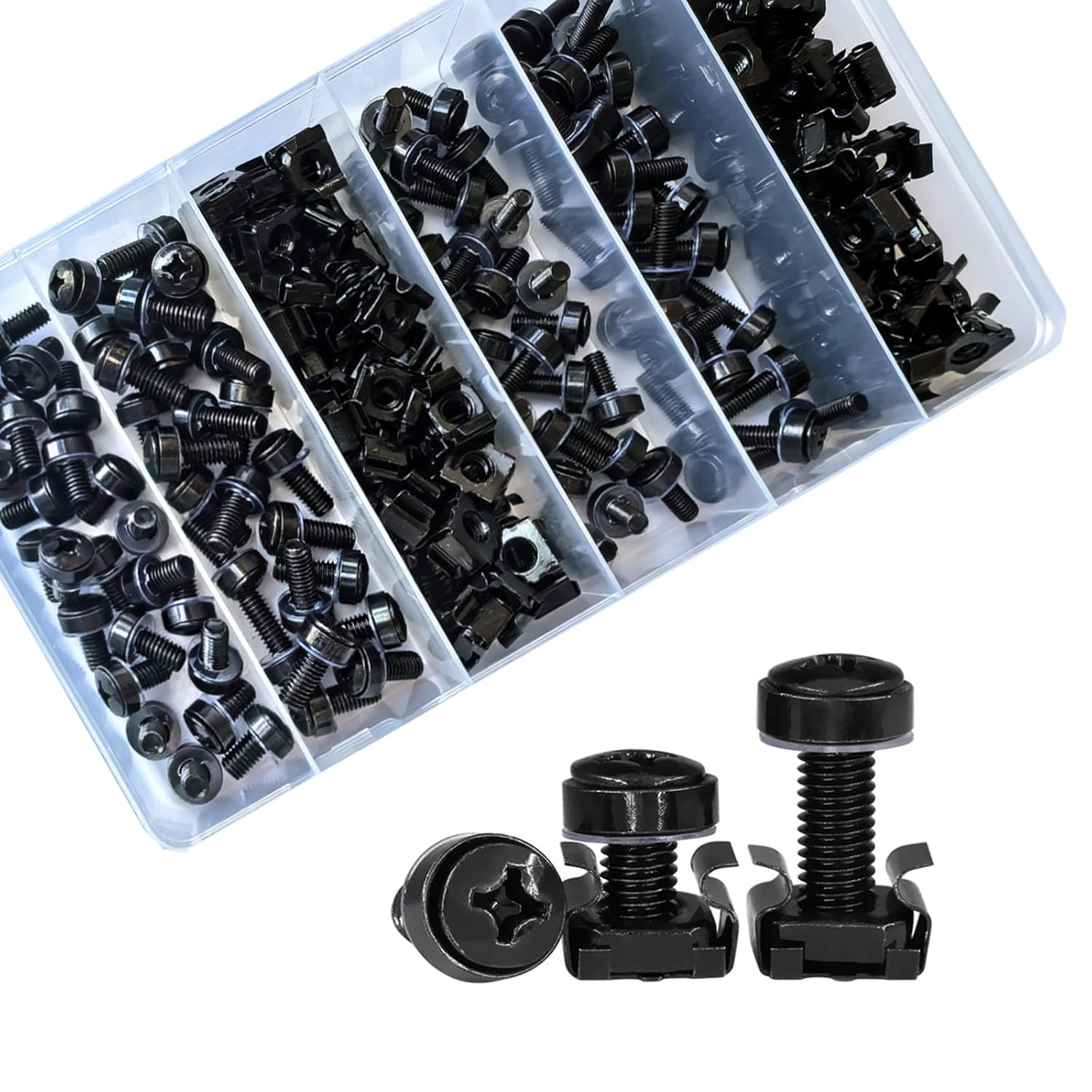 Ymaiss 100Sets/200Pcs M5 M6 Cage Nuts Screws and Washers Set,Metric Square Hole Hardware Cage Nut Screws and Washers for Rack Mount Server Shelves Cabinet,Routers Server Rack Black Upgraded Box image number 5