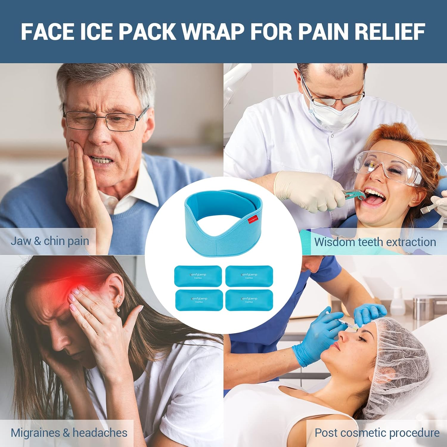 Comfytemp Wisdom Teeth Ice Pack Head Wrap, 4 Reusable Hot & Cold Gel Packs, Face Ice Pack for TMJ Relief, Surgery Recovery, Pain Relief for Jaw, Chin, Oral, Facial, Dental Implants image number 5