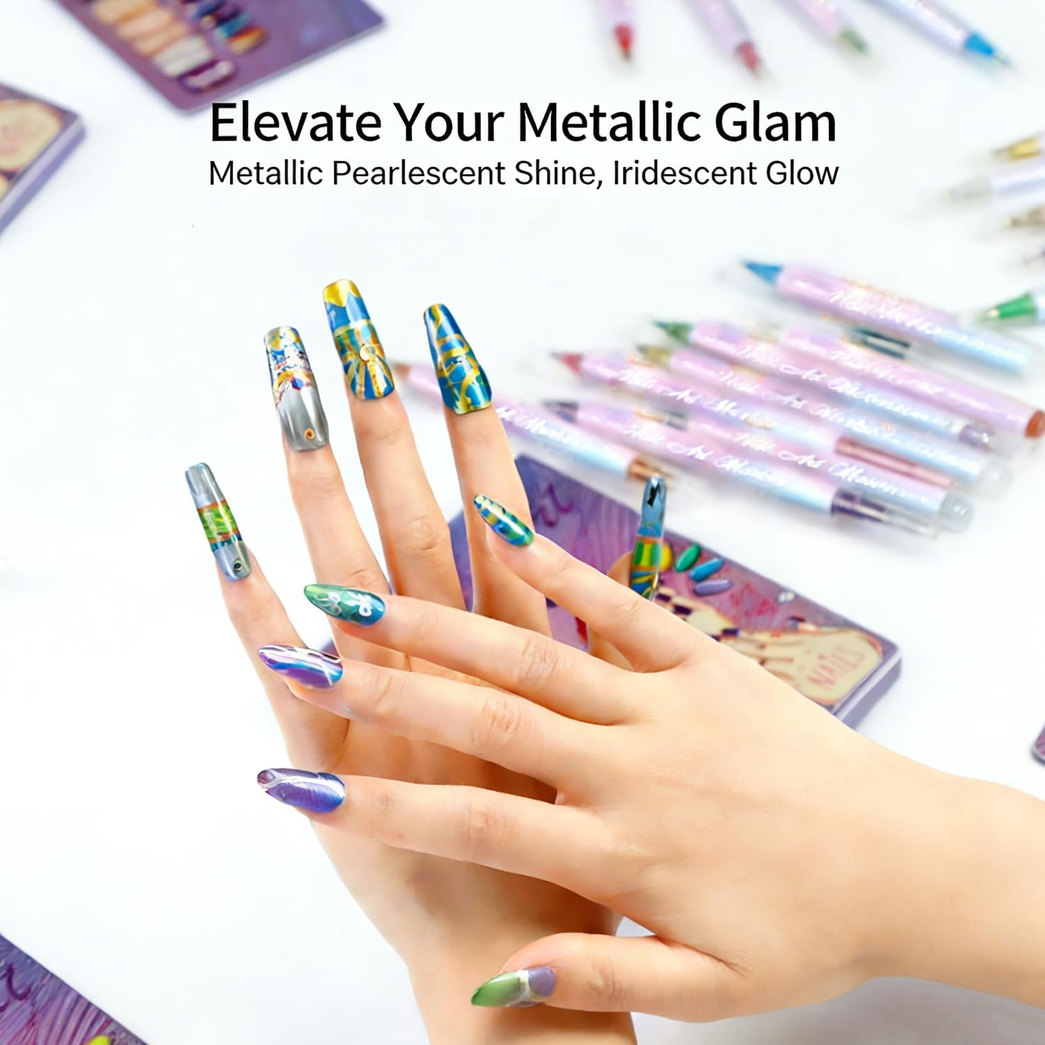 10 Color Metal Nail Art Pens Set, 3D Double Ended Nail Art Markers Graffiti Acrylic Paint Pen, Quick-Drying Dotting Drawing Painting Liner Pen for Home Salon Manicure DIY Tool image number 4