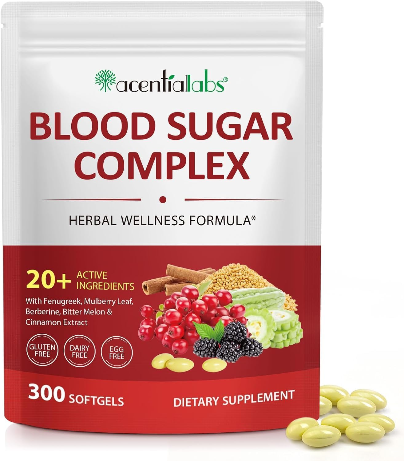 Blood Sugar Complex Supplement | 20+ Active Ingredients | Includes Fenugreek, Mulberry Leaf, Bitter Melon, Cinnamon & More | Gluten-Free, Dairy-Free, Egg-Free | 300 Softgels