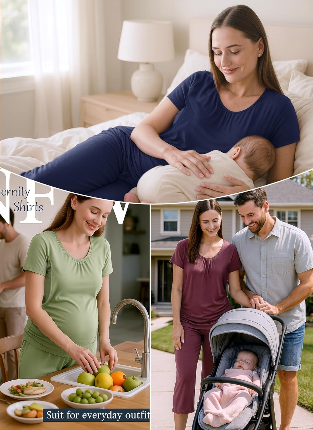 3 Piece Maternity Nursing Pajamas Set for Women Breastfeeding Shirts Pjs Postpartum Shorts&Capri Pants Pockets image number 3